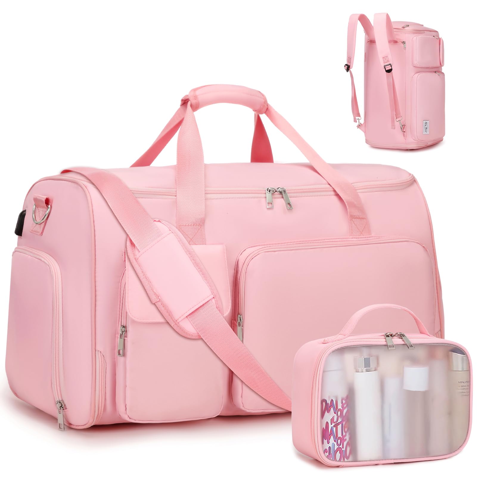 2 in 1 Convertible Travel Garment Bag - Foldable Carry On Duffle Backpack with Shoe Compartment & Toiletry Bag | Hanging Suit Bags for Men & Women | Perfect for Business Trips, Weddings & Airplane Travel (Pink)