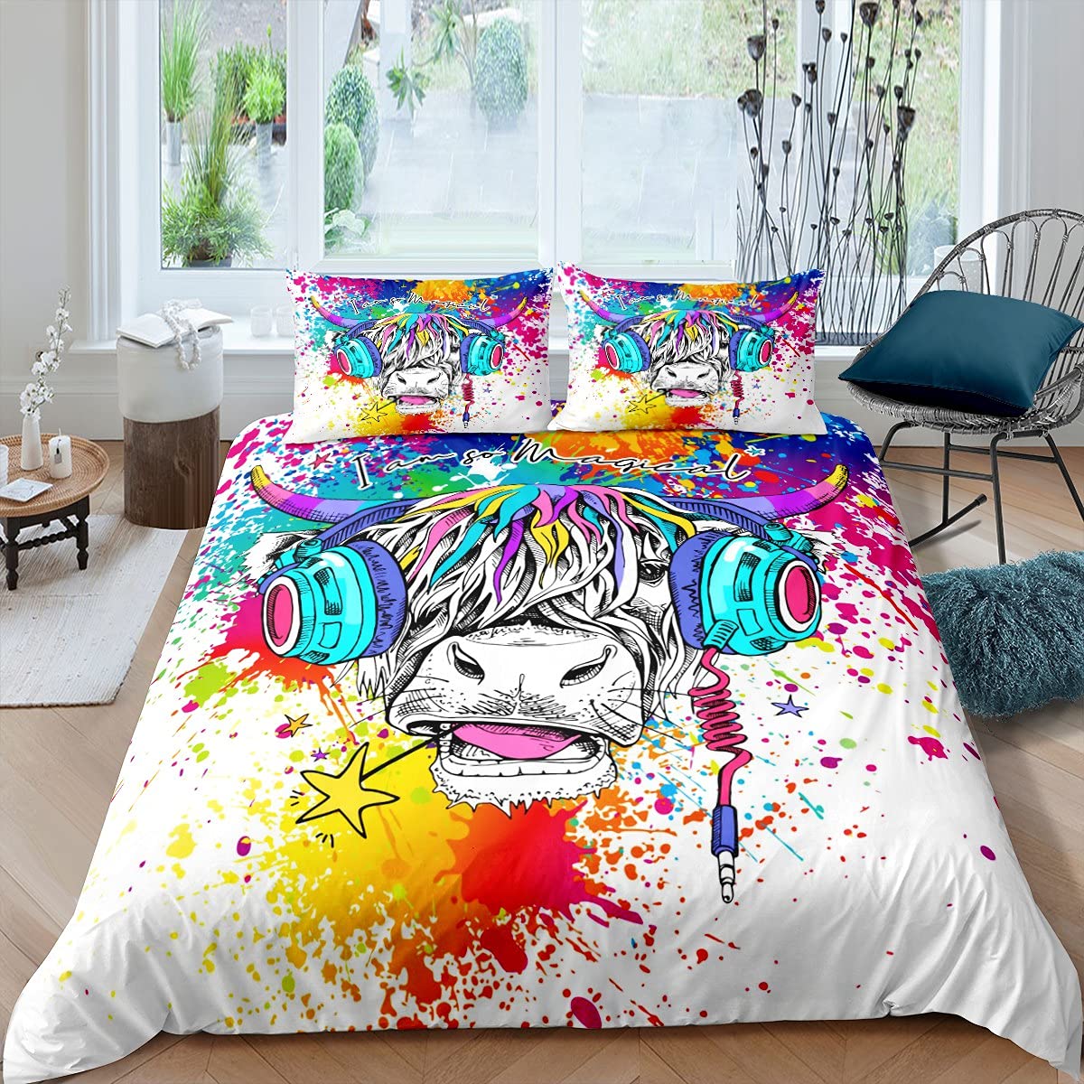 Hip Hop Duvet Cover Twin Size - Grey Bull Head with Headset Design, 2-Piece Comforter Set with Ties, Colorful Graffiti Print, Breathable Bedspread for Teens & Adults | Perfect for Urban Bedroom Decor, Music Lovers' Room, and Modern Teen Dorm Style