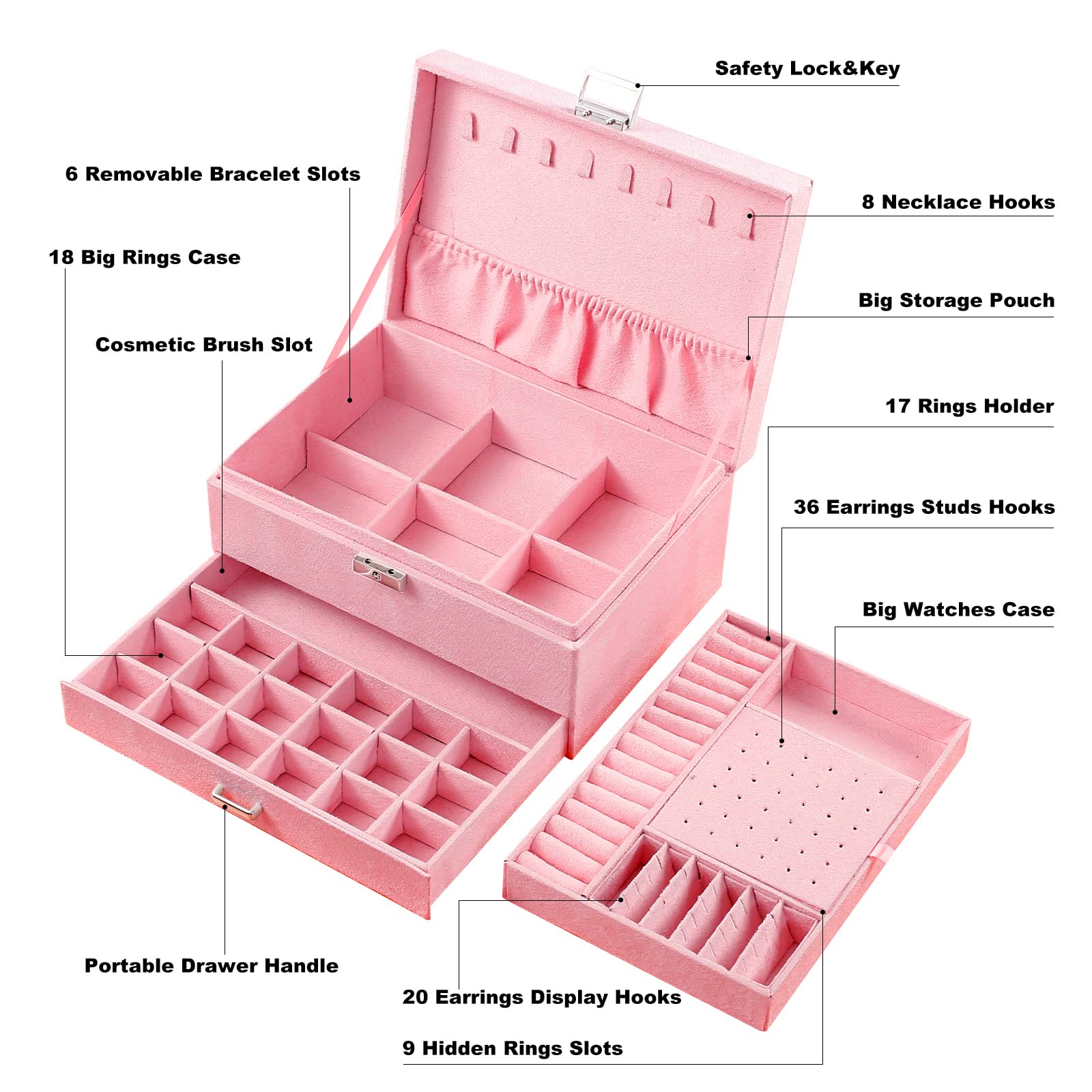 Pink Velvet Jewelry Box with Lock for Women - Elegant Jewelry Organizer for Necklaces, Earrings, Rings & Bracelets - Perfect for Travel, Gifts & Home Storage