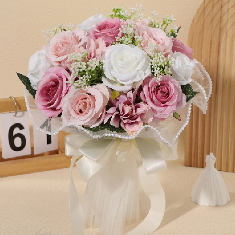 Elegant Silk Rose Bridal Bouquet with Pearl & Lace Accents - Perfect for Weddings, Bridesmaids & Anniversary Celebrations