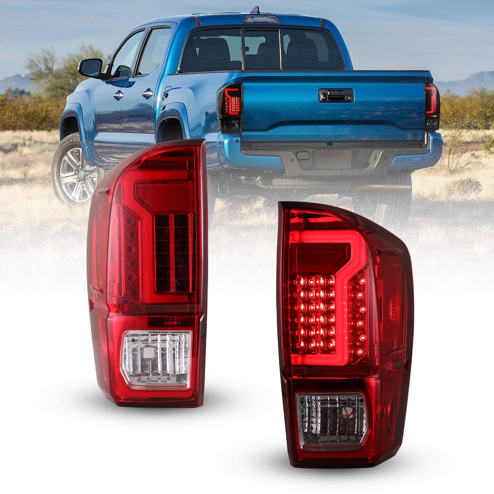 ROXX LED Tail Lights for 2016-2022 Toyota Tacoma - Black/Red Lens Tube Bar Taillights | Waterproof & Durable Replacement | Perfect for Off-Roading, Night Driving & Custom Truck Upgrades