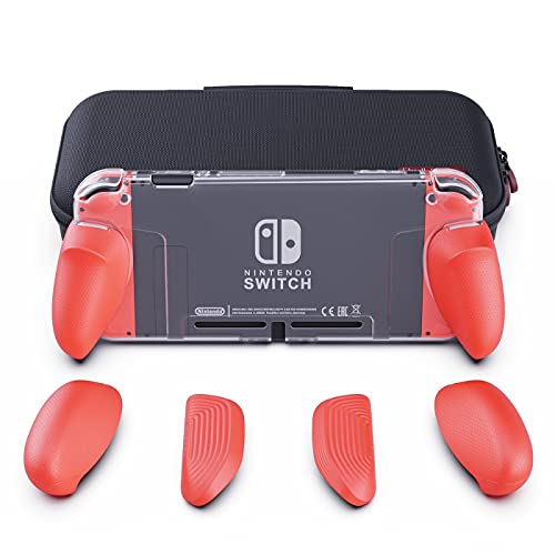 Skull & Co. GripCase Crystal Bundle - Dockable Transparent Protective Cover with Interchangeable Grips for Nintendo Switch (Fits All Hand Sizes) - Double Neon Red - Perfect for Gaming, Travel & Home Entertainment