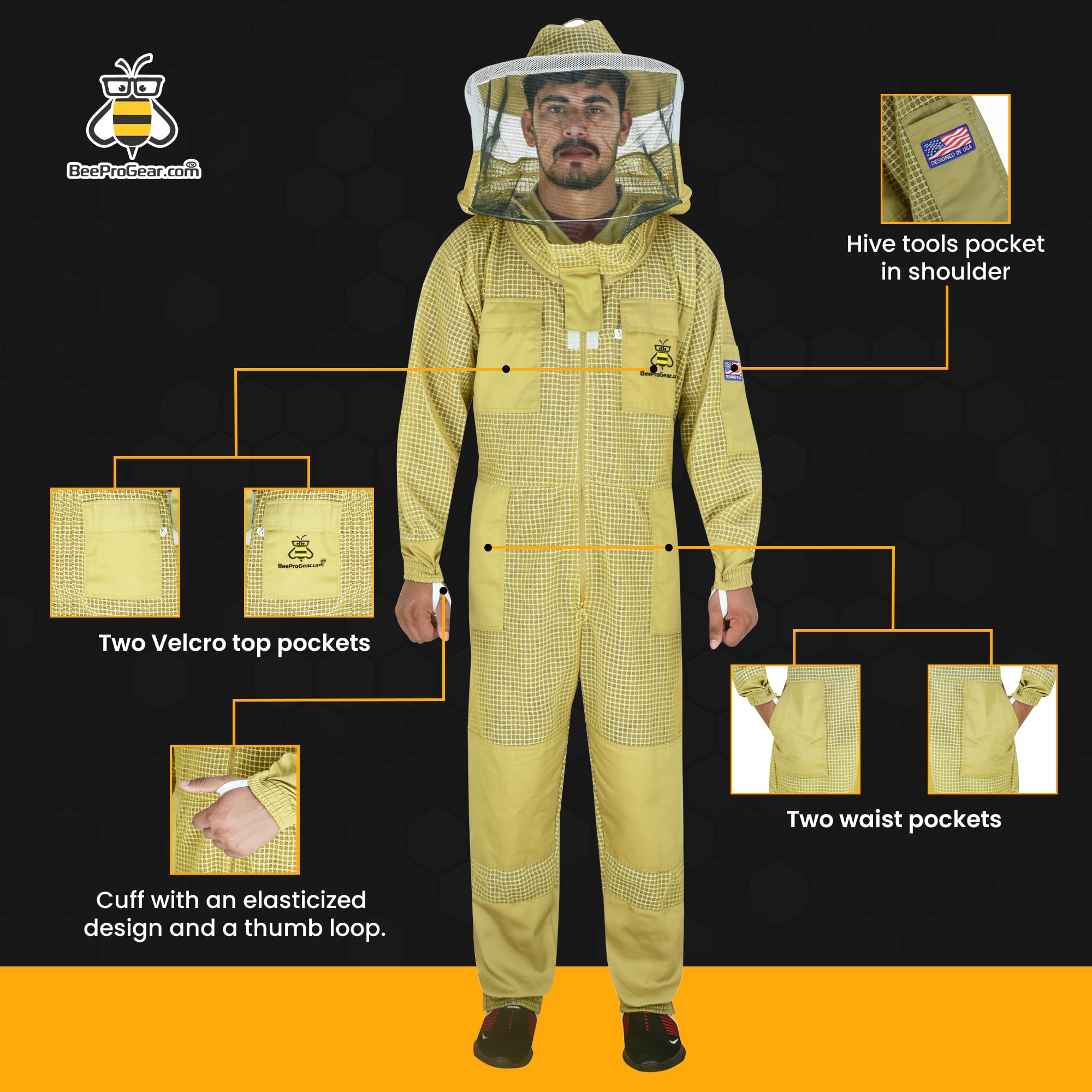 BeeProGear 3-Layer Ultra Ventilated Mesh Beekeeping Suit with Round Veil - Sting-Proof Beekeeping Jacket & Pants Set with Leather Gloves & Storage Bag (Medium Brown) | Professional Beekeeping Gear for Men & Women | Ideal for Honey Harvesting, Hive Inspection & Apiary Work