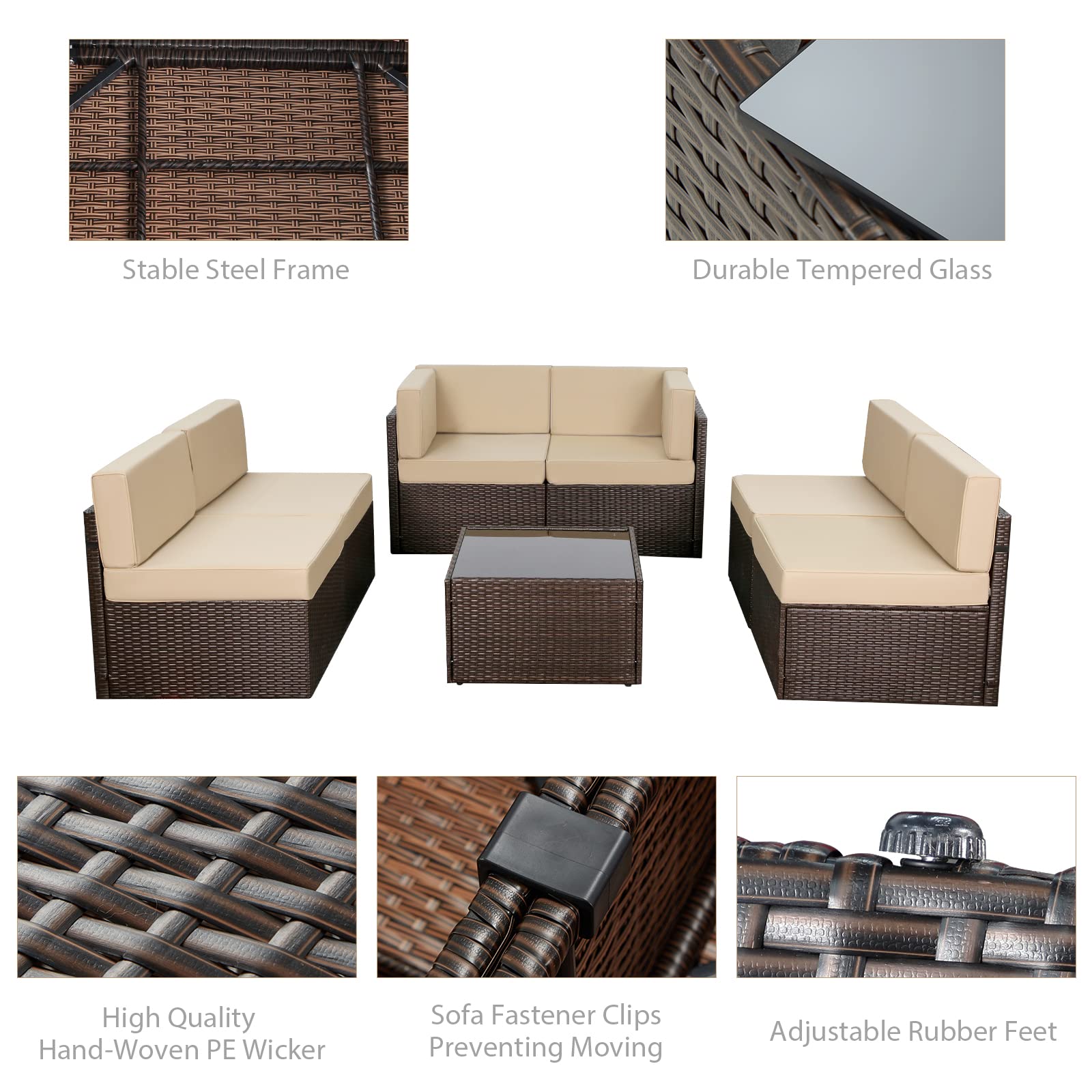 AECOJOY 7-Piece Outdoor Patio Furniture Set with Coffee Table - PE Rattan Sectional Sofa & Khaki Cushions for Garden, Backyard, Poolside - Durable Weather-Resistant Conversation Set for Relaxing & Entertaining Outdoors