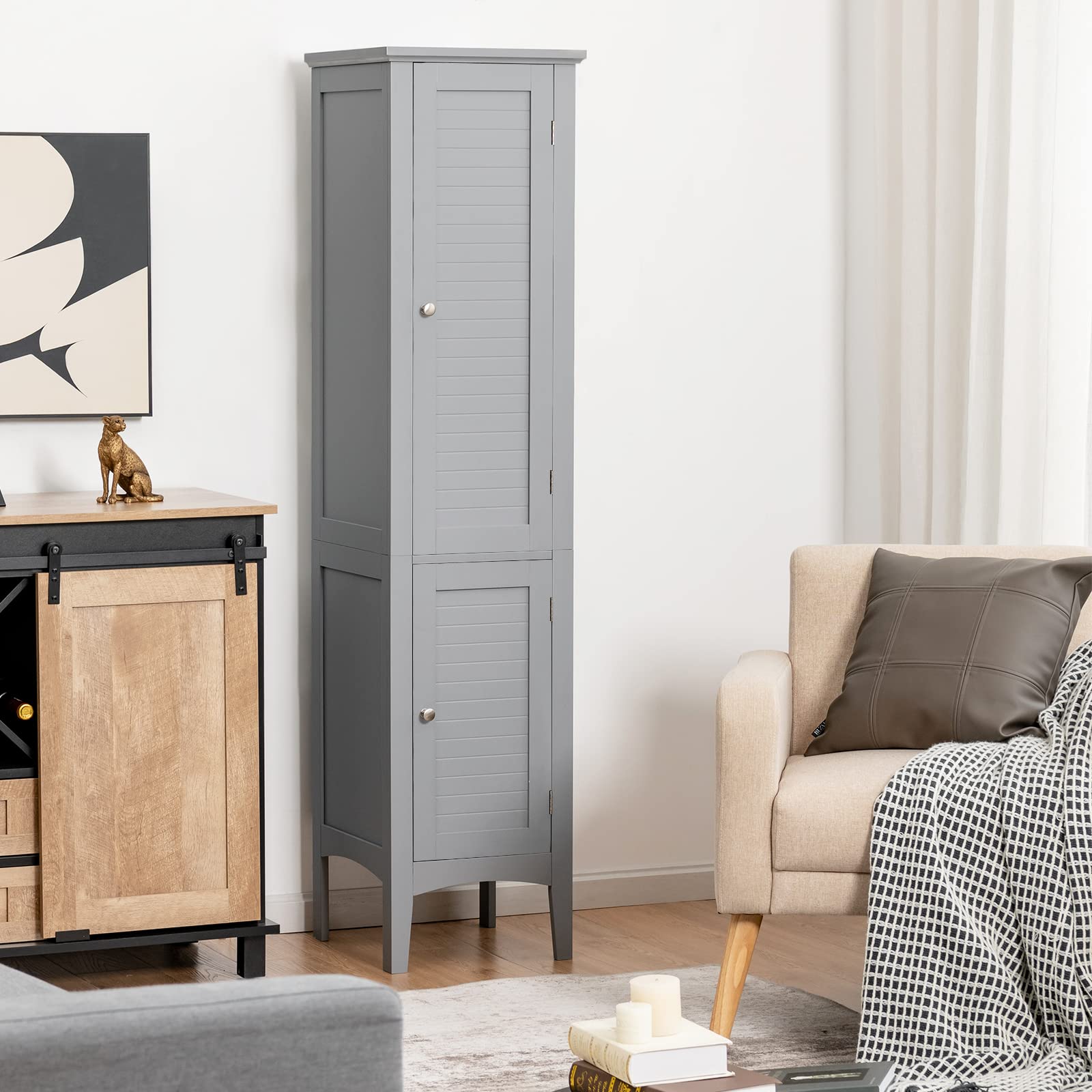 Giantex 5-Tier Storage Cabinet - Freestanding Tall Bathroom Organizer with Shelves for Bathroom, Kitchen, Living Room & Linen Closet - Space Saving Narrow Floor Cabinet (Gray) | Perfect for Small Spaces, Apartment Storage & Home Organization