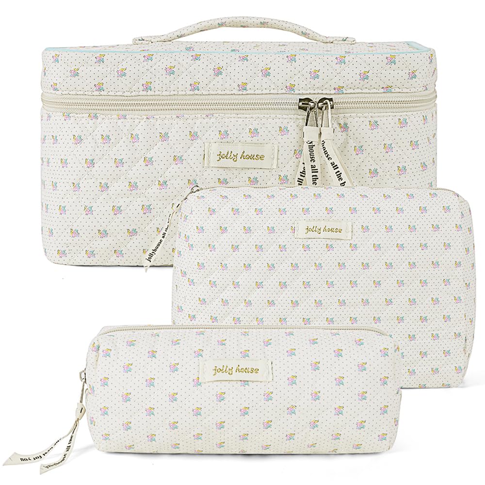 Cessfle 3PCS Cotton Quilted Makeup Bags Set - Cute Floral Cosmetic Organizer for Women | Large Coquette Aesthetic Travel Makeup Pouch | Perfect for Travel, Gym & Daily Beauty Essentials