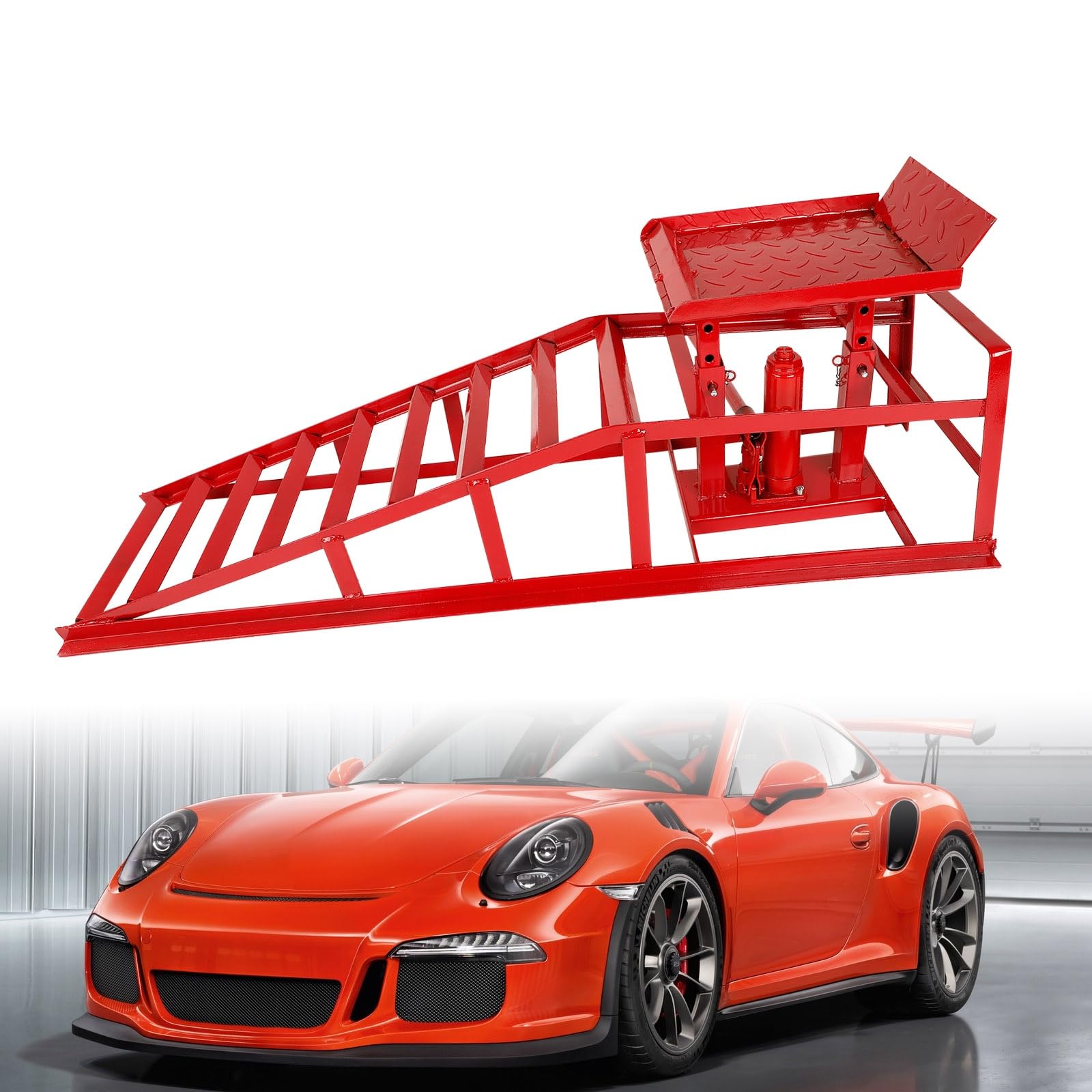 5 Ton Hydraulic High Lift Service Vehicle Ramp - Heavy Duty Steel Automotive Truck Wheel Ramp for Oil Changes & Car Maintenance | Home Garage & Auto Repair Shop Use | Red (1 Pack)