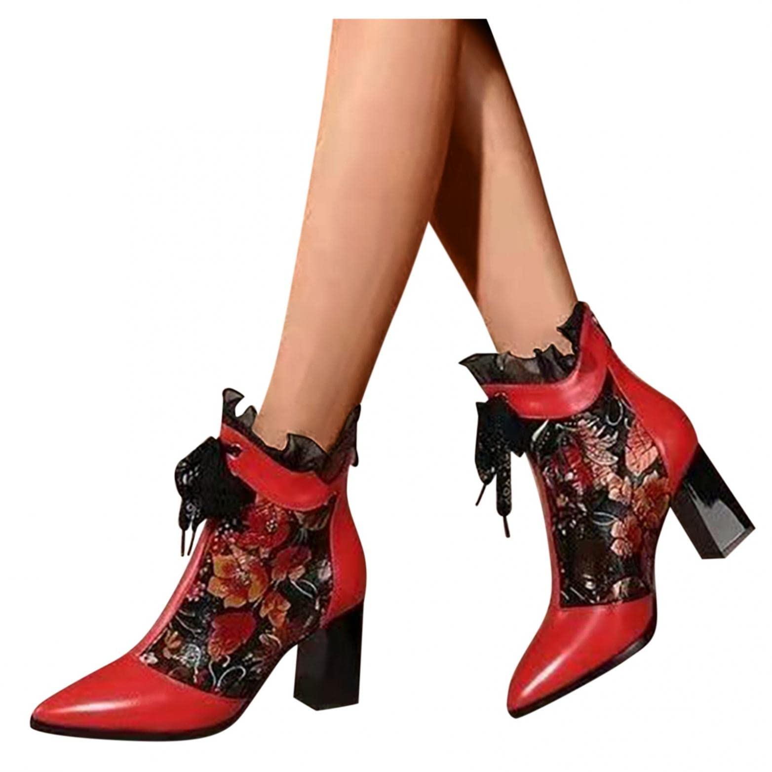 Women's Fashion Vintage Black Stiletto High Heel Ankle Boots - Sexy Lace-Up Mesh Pointed Toe Booties with Leaf Cuff for Wedding, Party & Evening Occasions