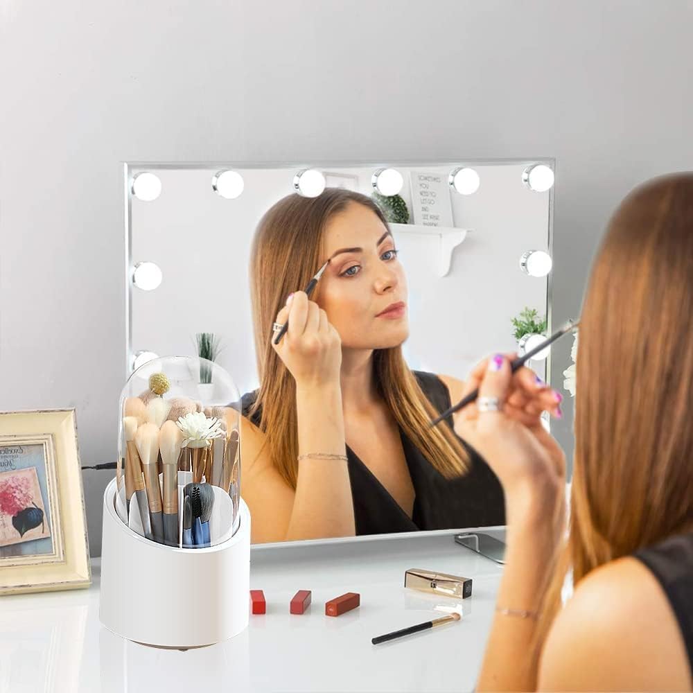 Rotating Makeup Brush Holder with Lid - Acrylic Cosmetic Organizer for Desk & Vanity