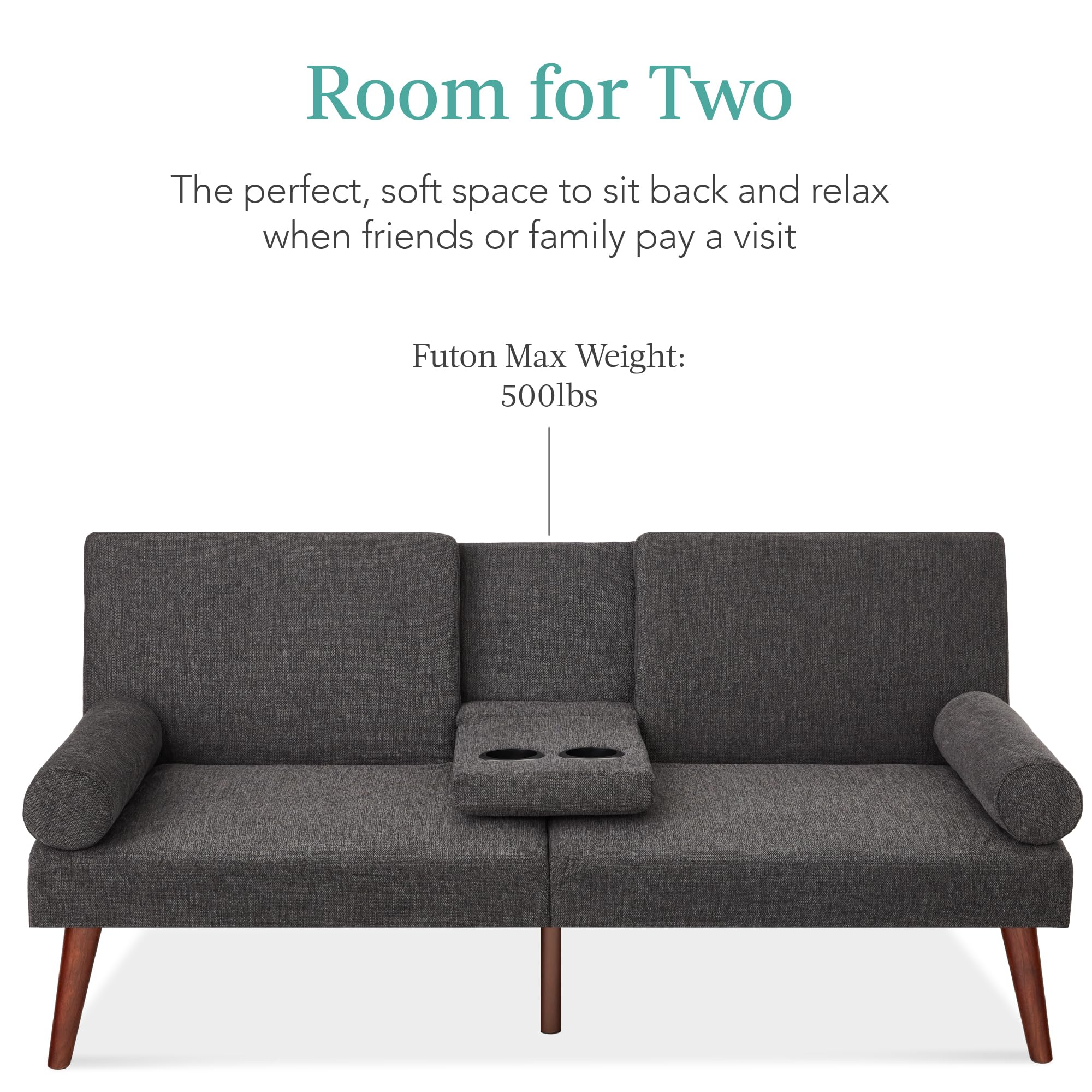 Best Choice Products Mid-Century Modern Upholstered Futon - Convertible Folding Sofa Bed with Rounded Armrests & 2 Cup Holders - Charcoal Grey - Perfect for Small Apartments, Guest Rooms & Home Offices