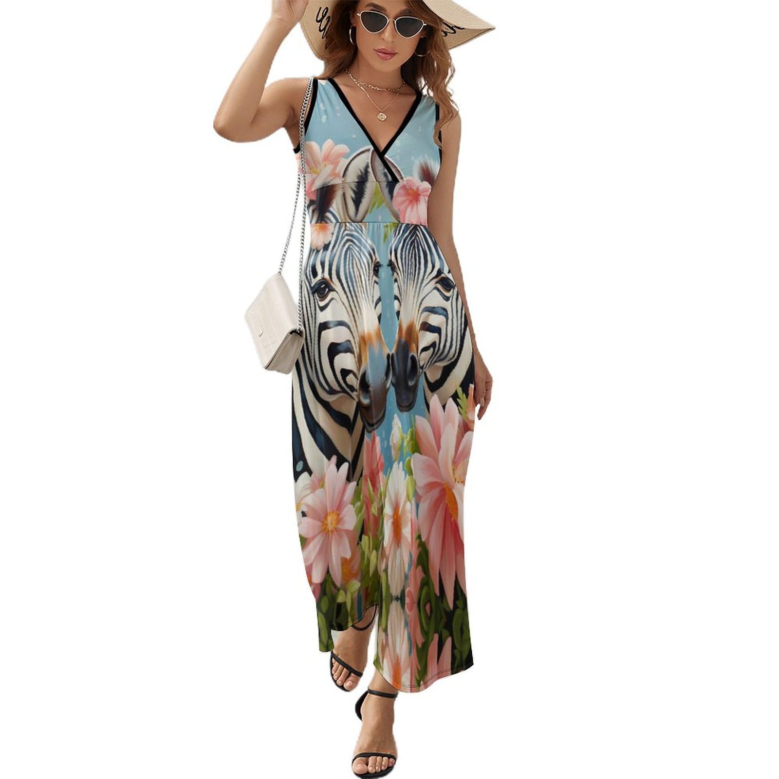 Funny Zebra Print Women's Casual Sleeveless Maxi Dress - Loose Flowy Sundress for Beach Vacation, Summer Party & Boho Fashion