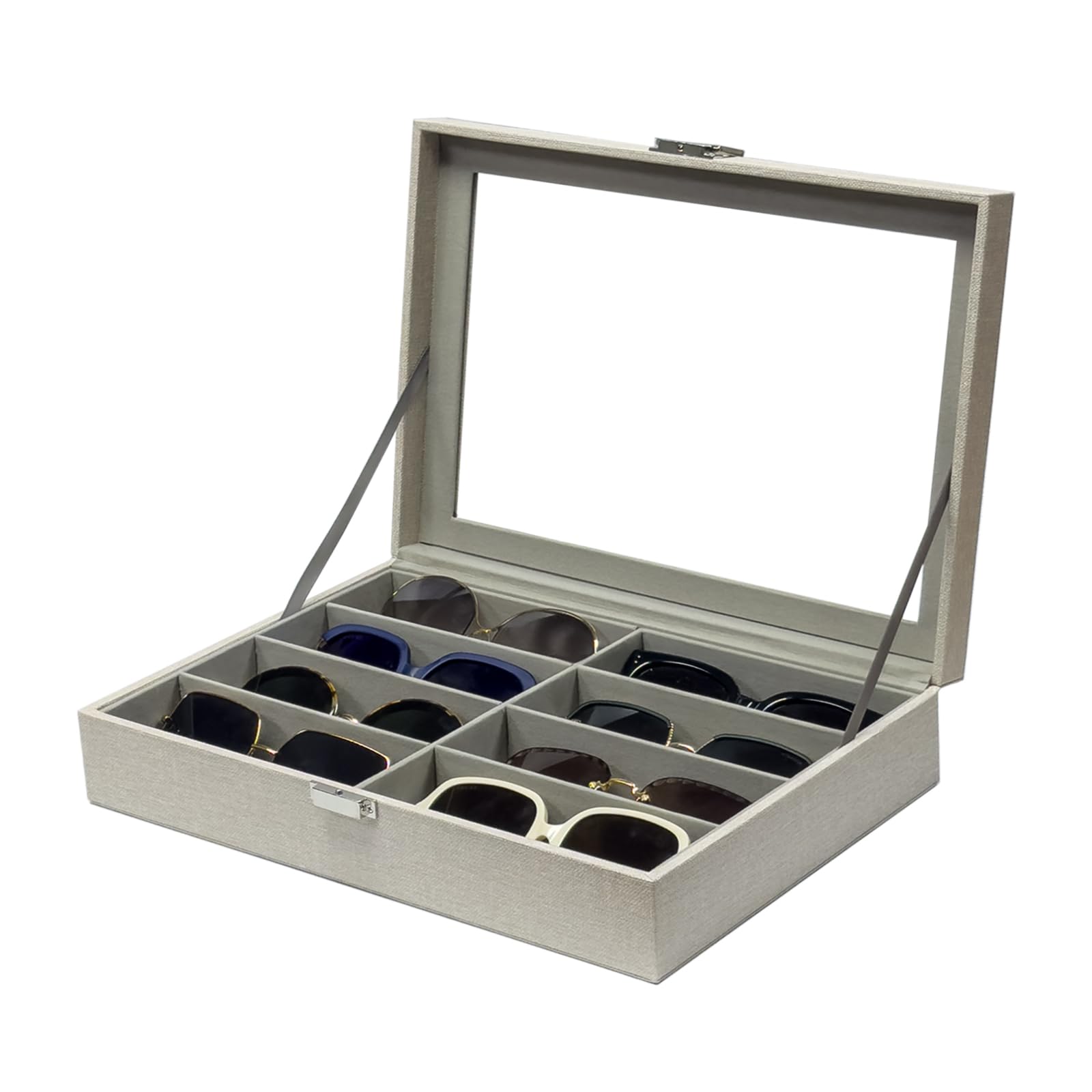 8-Slot Sunglasses Case Organizer - Eyeglass Display Holder & Collector - Multi Sunglasses Storage Case with Beige Faux Leather Liner - Perfect for Travel, Home & Office Organization
