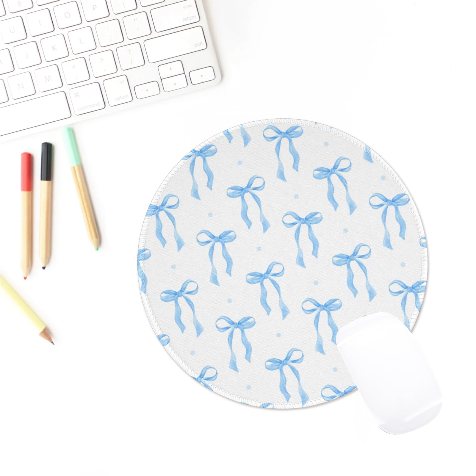Cute Round Travel Mouse Pad with Blue Bows - Aesthetic Kawaii Office Accessories for Laptop & Wireless Mouse - Mini Non-Slip Desk Mousepad for Home, Office & Travel Use
