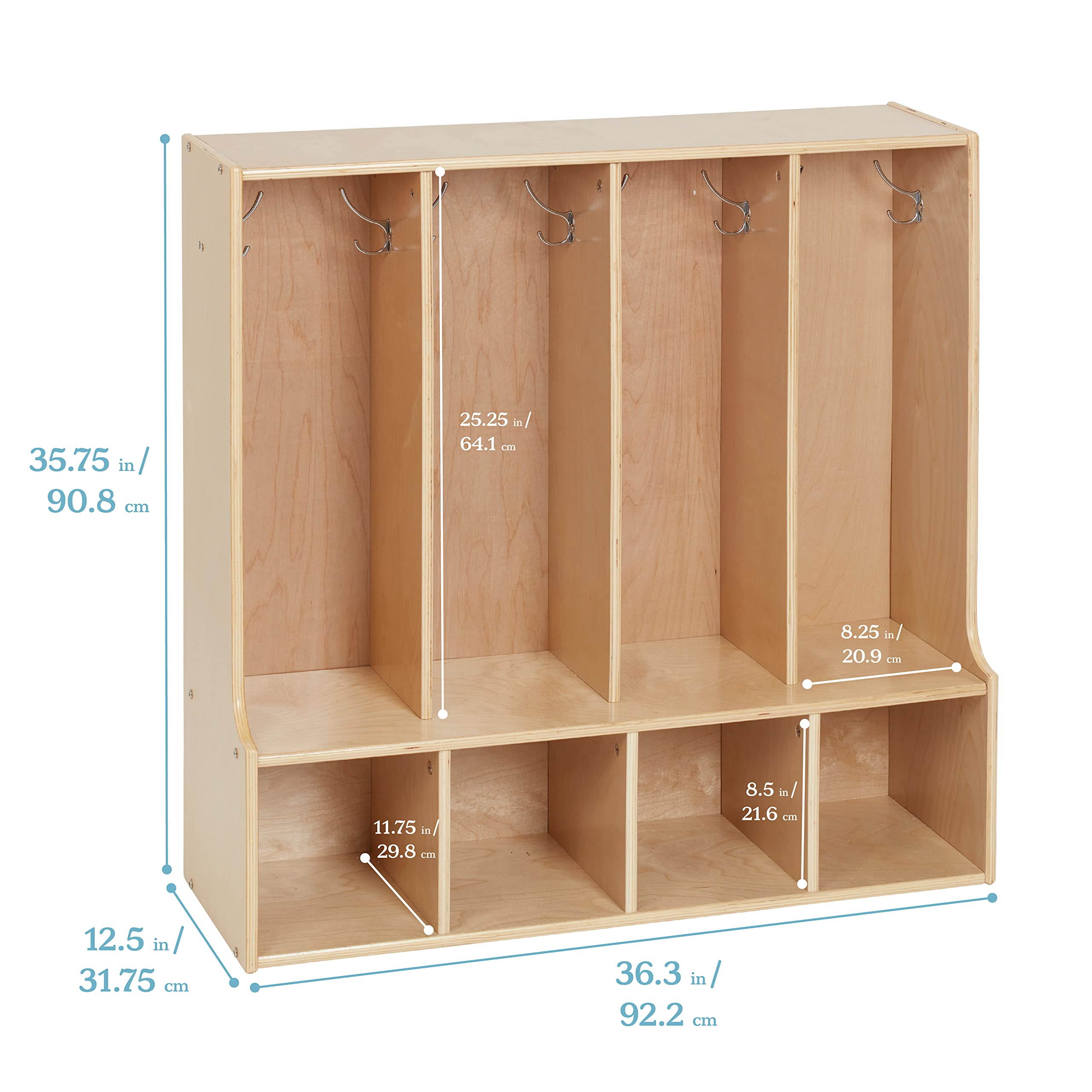 ECR4Kids Streamline 4-Section Coat Locker with Bench - Natural Wood Toddler-Sized Storage Furniture for Daycare, Preschool & Home Entryway Organization
