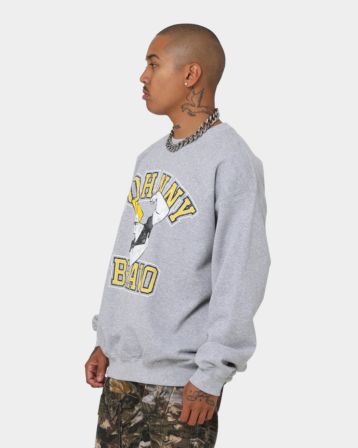 Johnny Bravo Graphic Crewneck Sweatshirt - Grey Vintage Cartoon Hoodie for Men & Women | Casual Streetwear, Retro Fashion, Gift for Fans