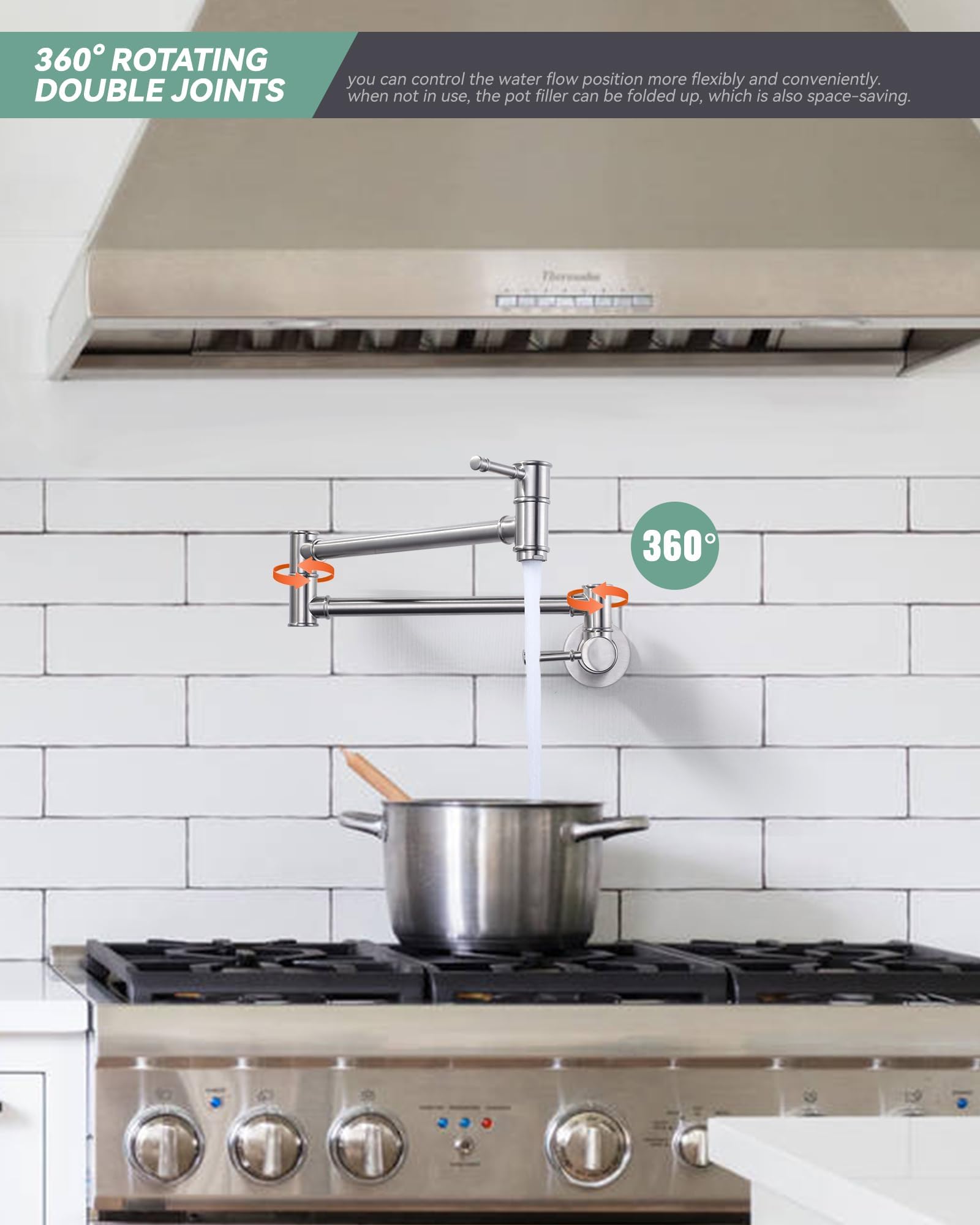 Solid Brass Wall Mount Pot Filler Faucet - Brushed Nickel Finish, Single Hole Installation, Dual Handle Design for Stove & Kitchen Use - Perfect for Cooking, Filling Pots & Pasta Making