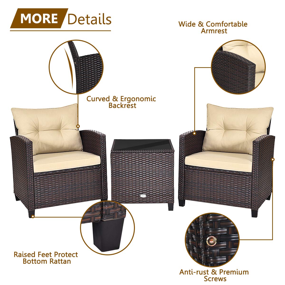 KOTEK 3-Piece Outdoor Patio Furniture Set with Washable Cushions & Tempered Glass Tabletop - PE Rattan Wicker Bistro Set for Porch, Garden, Balcony, Backyard (Beige) | Perfect for Relaxing, Entertaining & Outdoor Dining