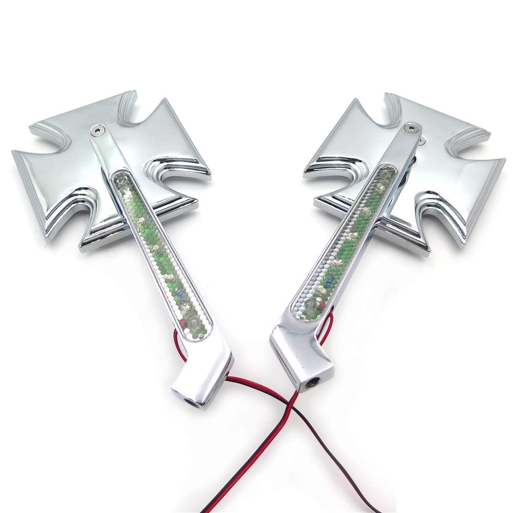 Chrome Billet LED Turn Signal Mirrors with Maltese Cross Design - Compatible with Harley Davidson Motorcycles - Perfect for Custom Bike Upgrades & Enhanced Visibility
