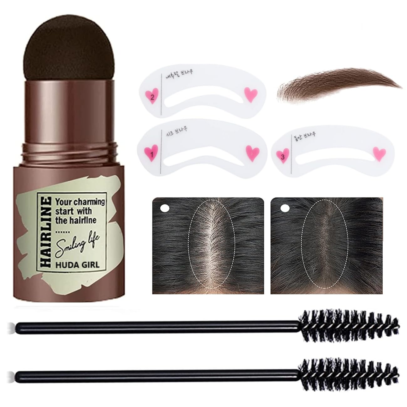 HUDA GIRL Natural Hairline Shadow Powder Stick with Brushes & Stencils - Instant Grey Hair Coverage & Root Touch Up - Hair Color Stick & Filler for Men & Women (Dark Brown) - Perfect for Travel, Work & Everyday Use