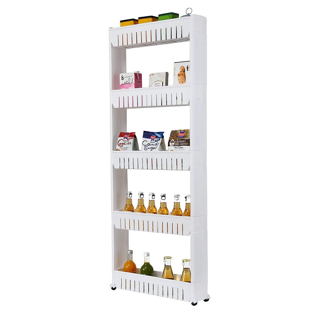 Guilansa White Mobile Shelving Unit with 5 Large Storage Baskets - Slim Slide-Out Pantry Organizer for Narrow Spaces | Perfect for Kitchen, Bathroom & Closet Storage - Everyday Home
