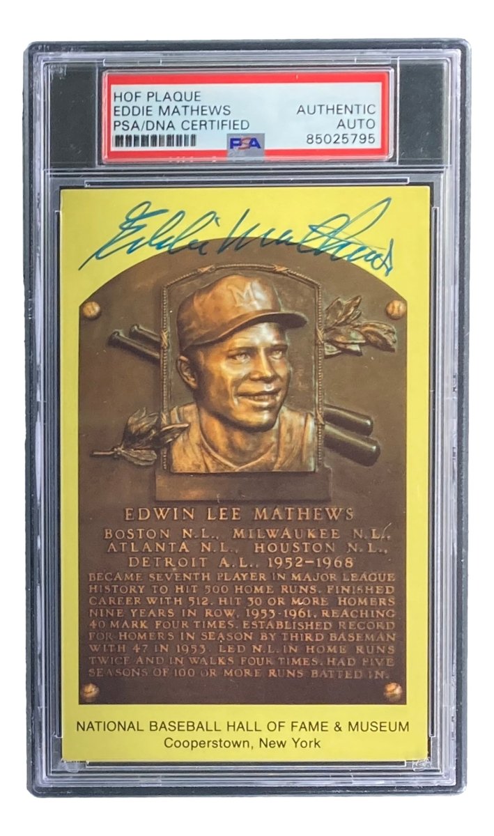 Eddie Mathews Signed 4x6 Milwaukee Braves HOF Plaque Card PSA/DNA Certified 85025795 - Perfect for Baseball Memorabilia Collections & Sports Fan Gifts