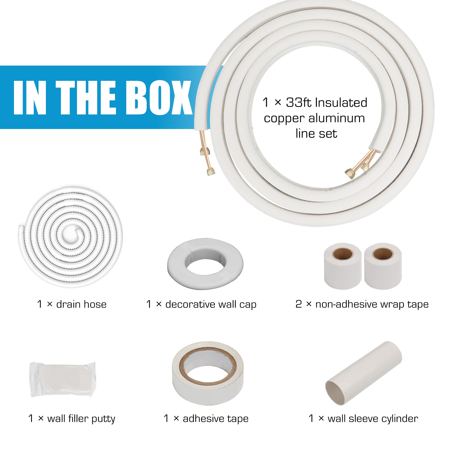 33 ft. Insulated Copper Aluminum AC Line Set - 1/4 & 3/8 Inch Refrigerant Pipes for Ductless Mini Split Air Conditioner & Heat Pump System - Perfect for Home, Office, and Commercial HVAC Installations