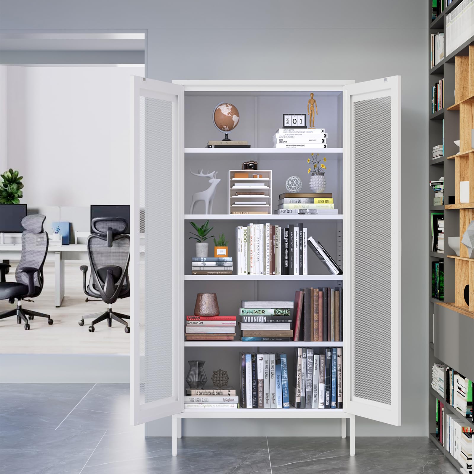 Metal Storage Cabinet with Ventilated Mesh Doors - Modern Display & Kitchen Storage Cabinet for Home Office, Garage, Gym - Durable & Sleek Organization Solution for Tools, Supplies & Equipment
