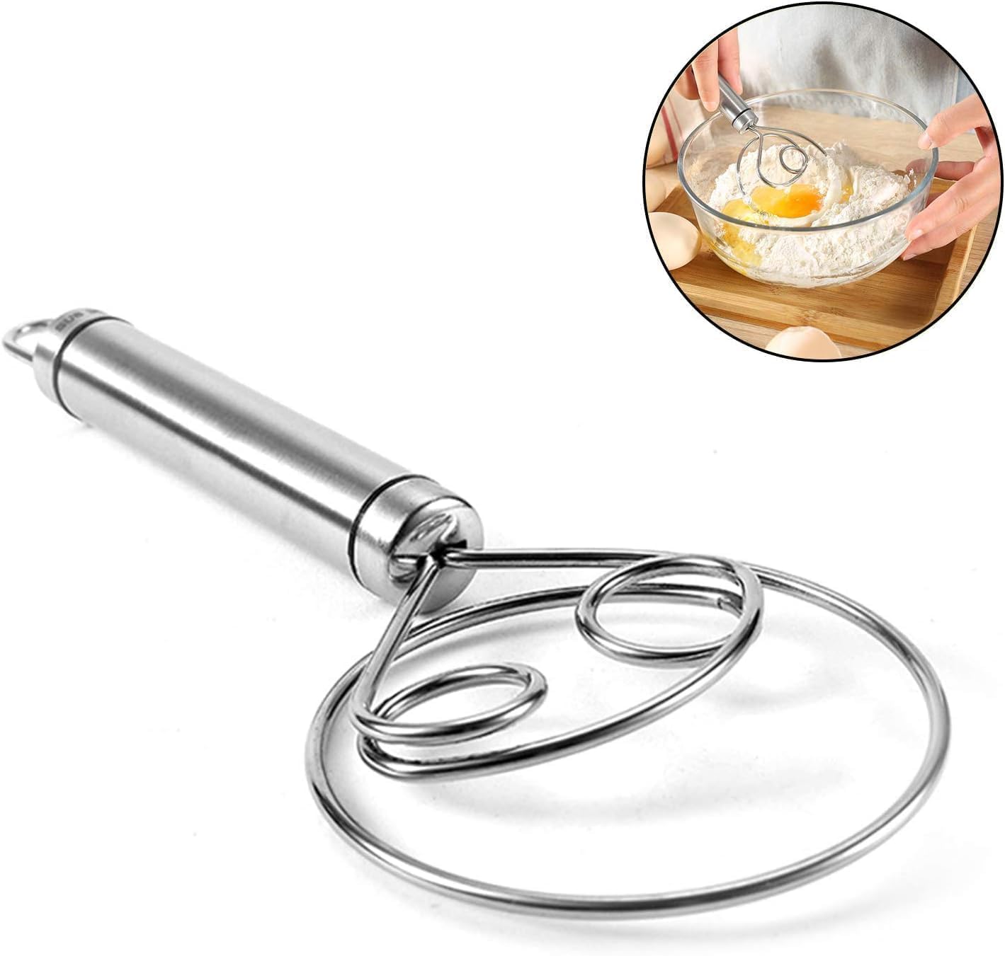 RIVERIYA Stainless Steel Danish Dough Whisk - Non-Slip Heat Resistant Manual Bread Mixer for Baking Bread, Batter, Pastry & Cookie Dough | Perfect for Home Bakers & Professional Kitchens