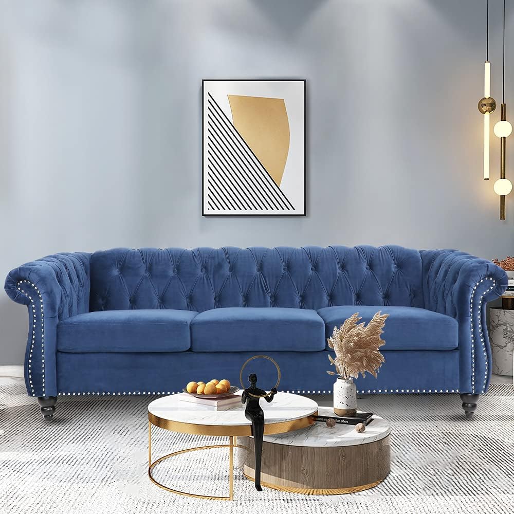 AVZEAR Velvet Chesterfield Sofa - 3 Seater Modern Tufted Couch for Living Room, Classic Blue Fabric Upholstered Furniture | Perfect for Lounge, Home Theater & Apartment Decor