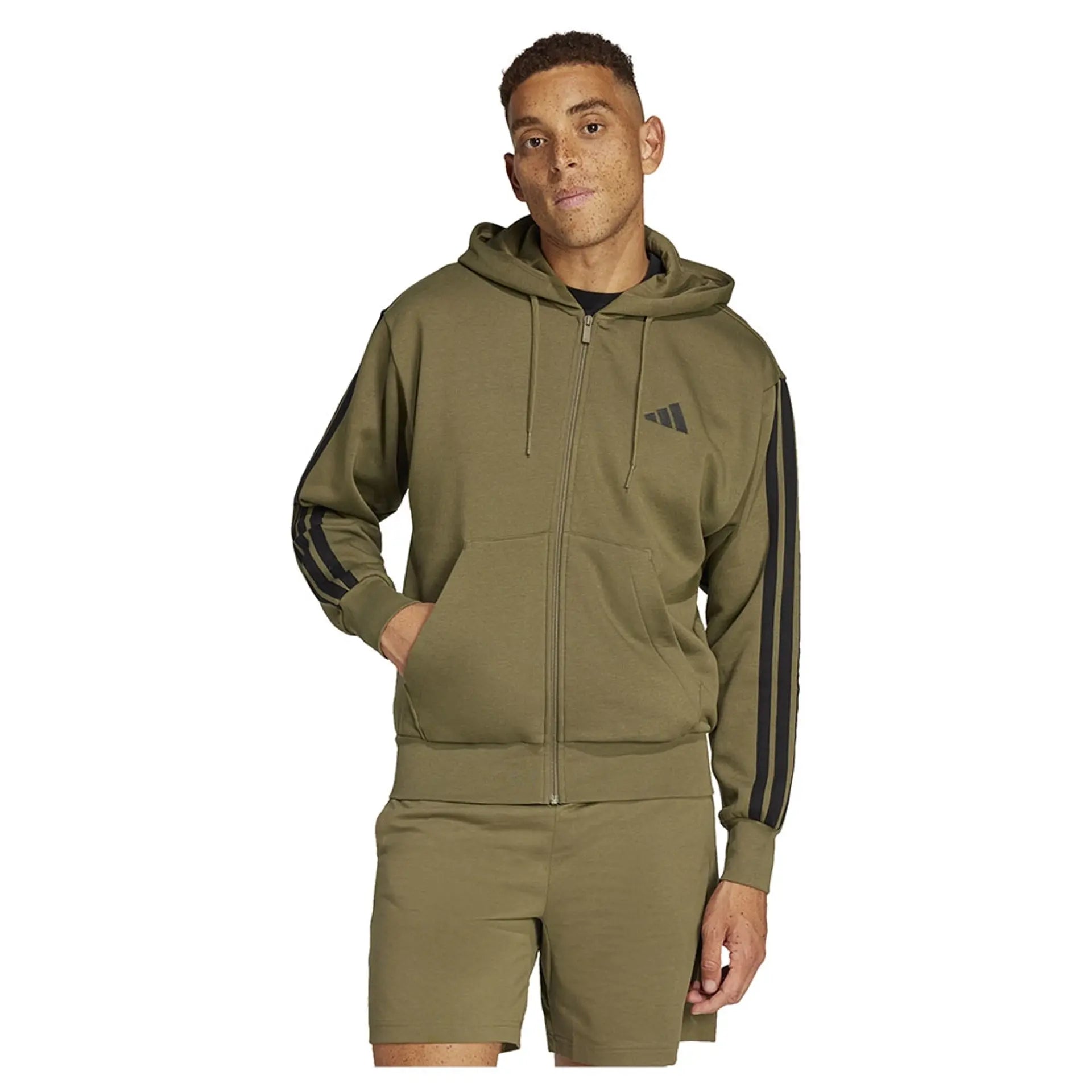 Adidas Men's 3 Stripe Olive Fleece Jacket - Lightweight Warm Zip-Up Hoodie for Running, Hiking & Casual Wear