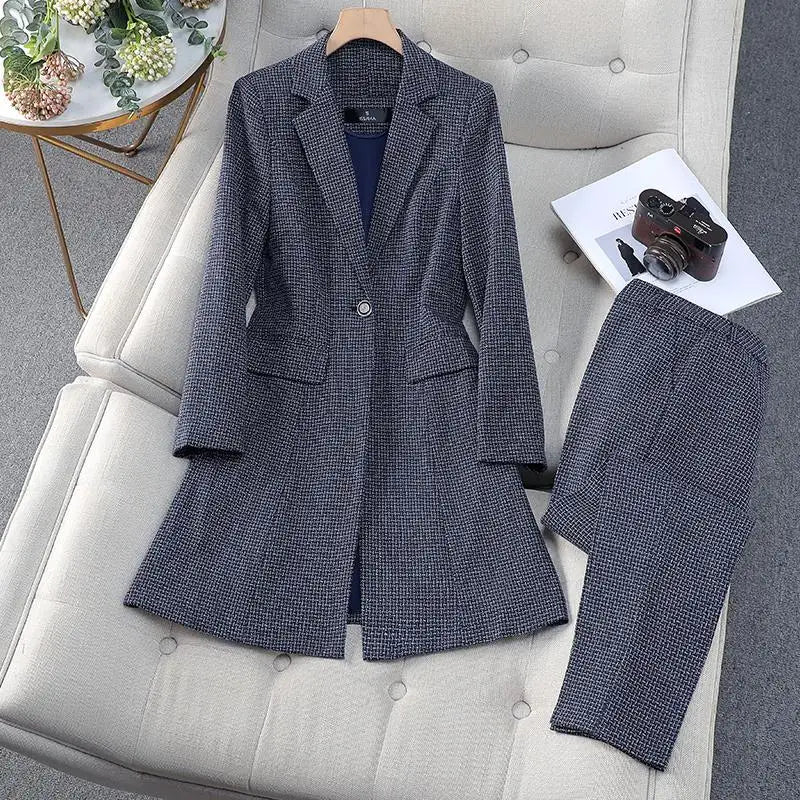 Women's Autumn Winter Formal Office Business Suit Set - Slim Fit Plaid Blazer & High Waist Ankle Pants | Professional Work Attire for Business Meetings & Corporate Events