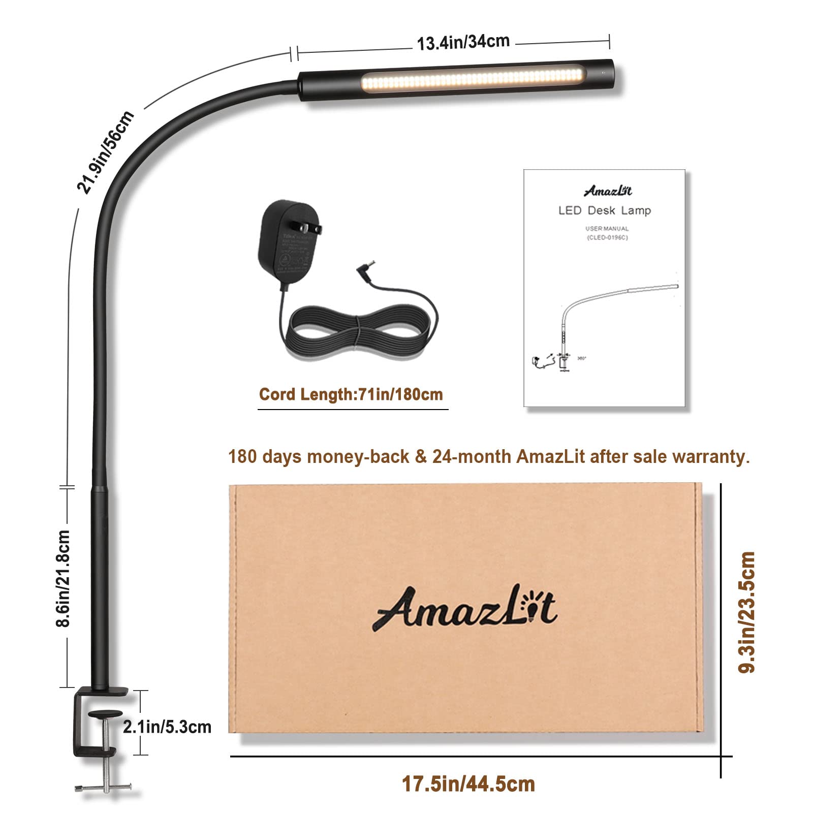Adjustable LED Desk Lamp with Eye-Caring Technology - 12W Gooseneck Clamp Light with Memory & Timer, 3 Color Temperatures for Home Office, Study, Reading & Crafting - Black