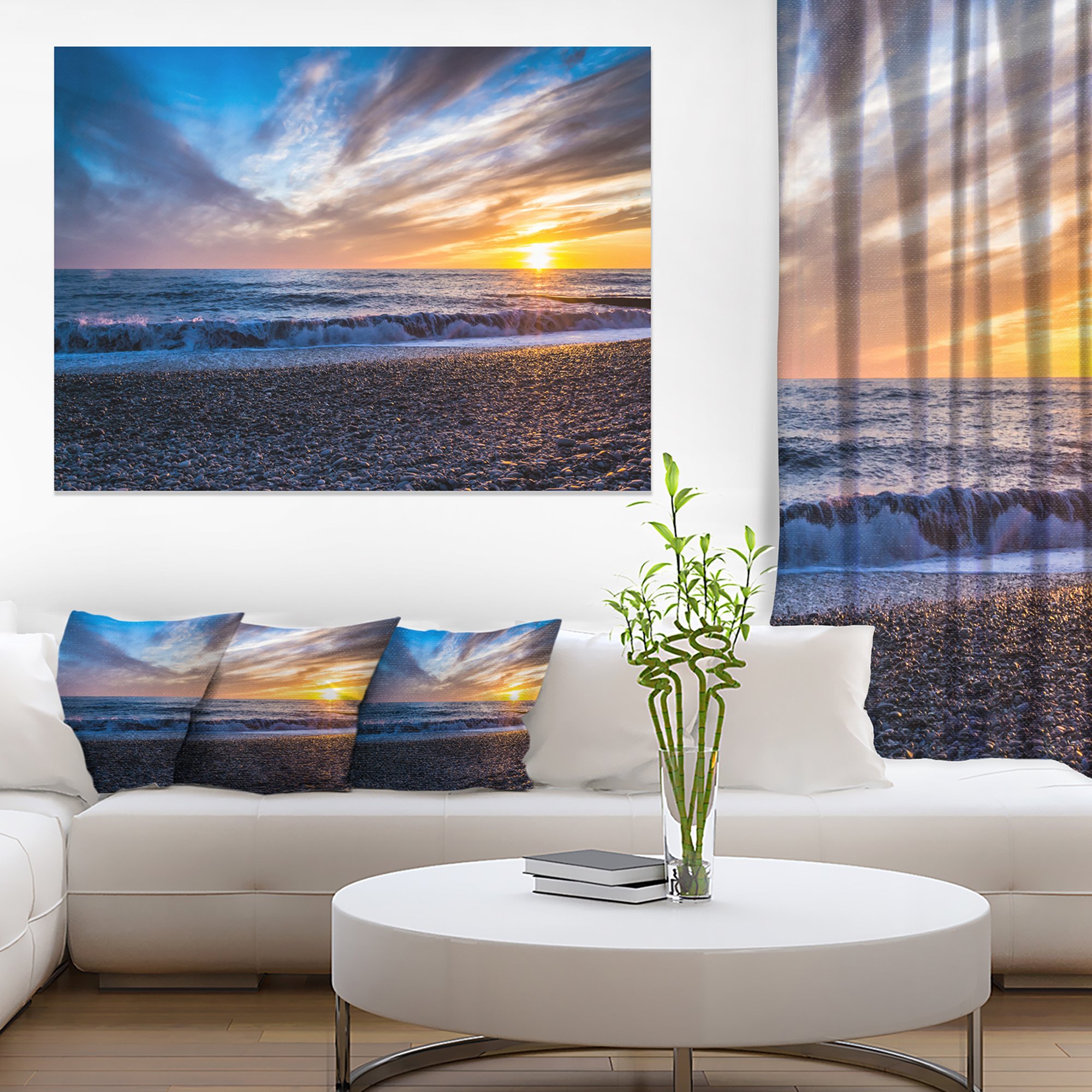 Cloudy Sky with Bright Yellow Sun Beach Photo Canvas Print - Blue Ocean Wall Art for Living Room, Bedroom & Office Decor