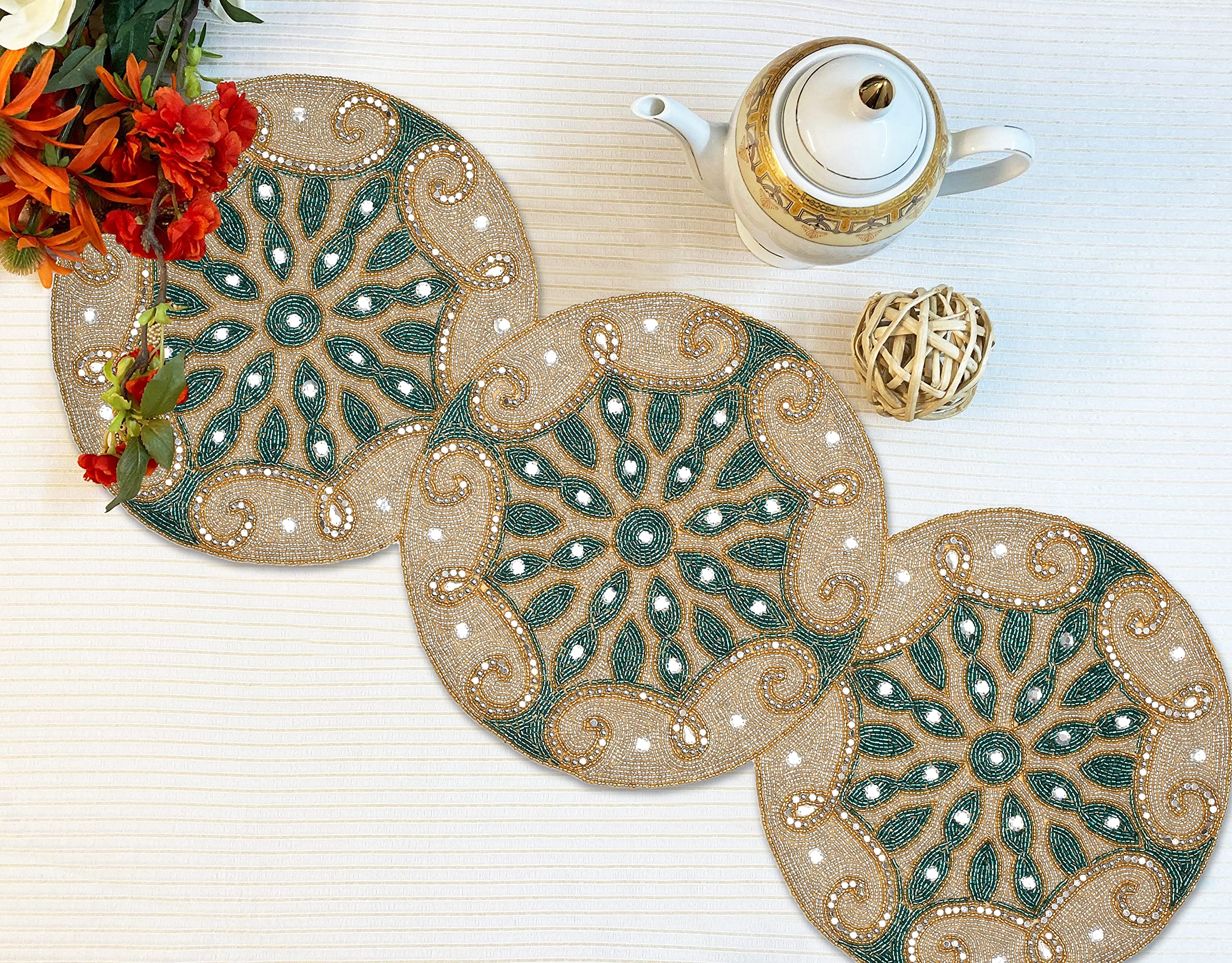 13x36 Beaded Table Runner - Glitz Decorative Farmhouse Rustic Tablecloth for Wedding, Christmas & Holiday Decor in Silver, Teal & Gold | Perfect for Bridal Showers, Dinner Parties & Seasonal Home Decor