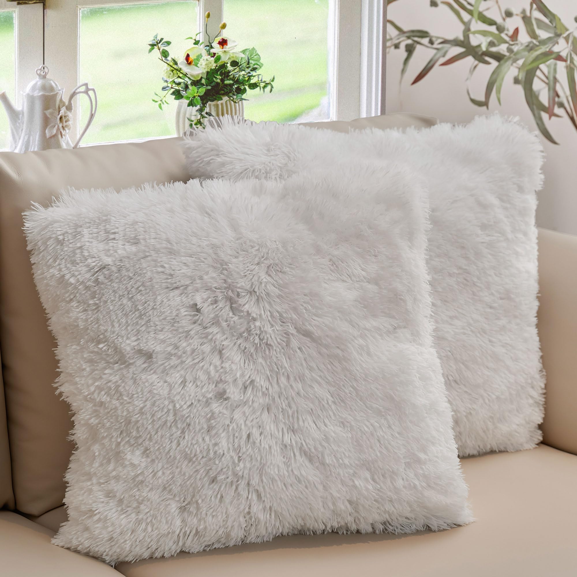 Soft Shaggy Faux Fur Throw Pillows Set of 2 (20x20 Inches) - Cozy Long Hair Decorative Cushions with Inserts for Sofa, Bed & Home Decor - Perfect for Living Room, Bedroom & Dorm - White