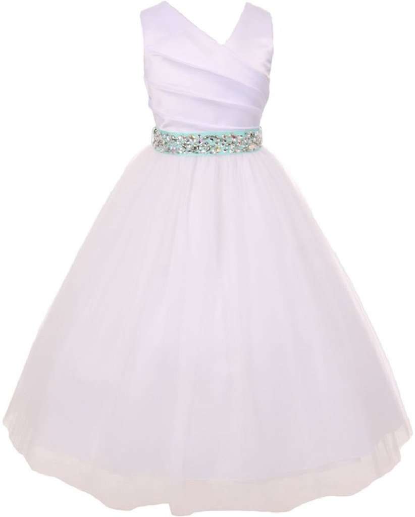 Elegant V-Neck Rhinestone Belt Flower Girl Dress for Little Girls - BluNight Collection | Perfect for Weddings, Parties & Special Occasions