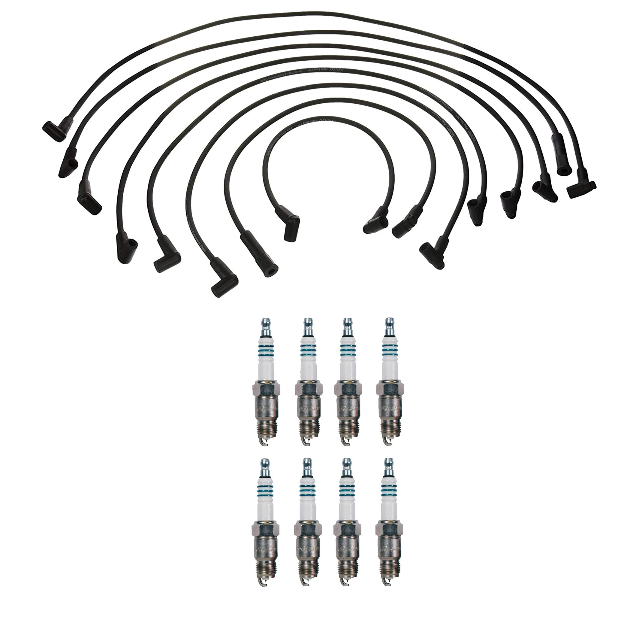 Denso 8mm Wire Set & 8 Iridium Power Spark Plugs 0.044 Gap Kit Compatible with GM 4.4L 5.0L 5.7L V8 Engines - High Performance Ignition Upgrade for Trucks & SUVs