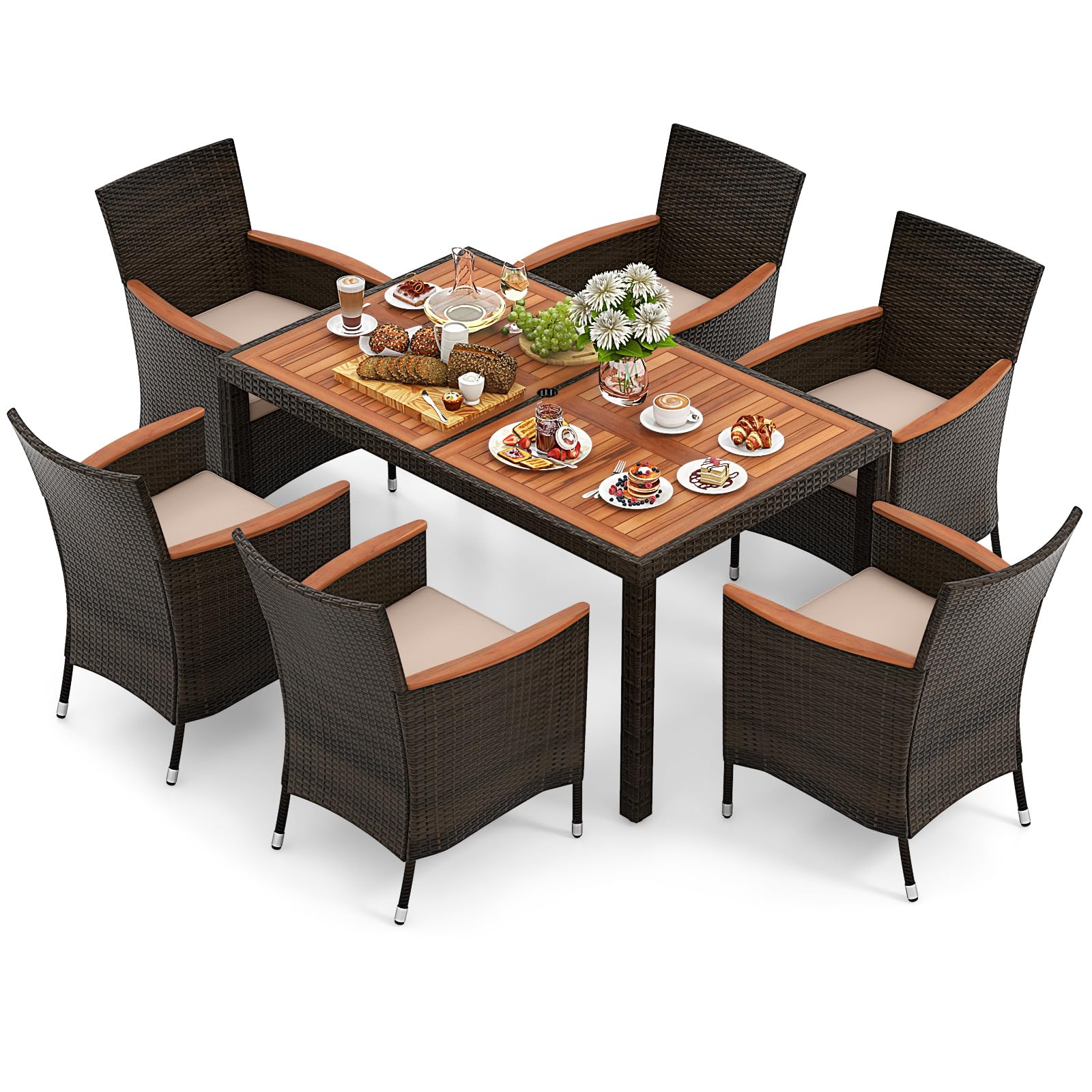 Tangkula 7-Piece Outdoor Wicker Dining Set with Acacia Wood Table & 6 Stackable Chairs - Patio Furniture with 1.96