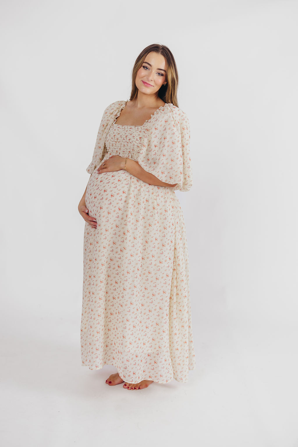 Melody Maxi Dress with Pleats & Bow Detail - Ivory Floral Print Maternity Dress | Bump Friendly & Inclusive Sizing (S-3XL) | Perfect for Weddings, Baby Showers & Summer Events