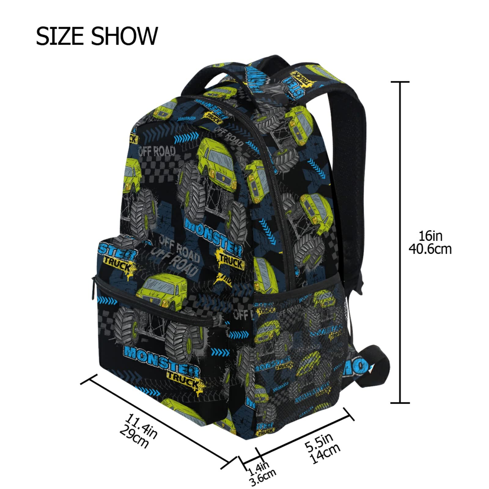 QUGRL Cool Monster Trucks Backpack for Kids & Teens - Large 16 Inch School Bookbag, Laptop Computer Bag for Boys & Girls - Durable Hiking, Travel & College Backpack for Daily Use, Sports & Outdoor Activities