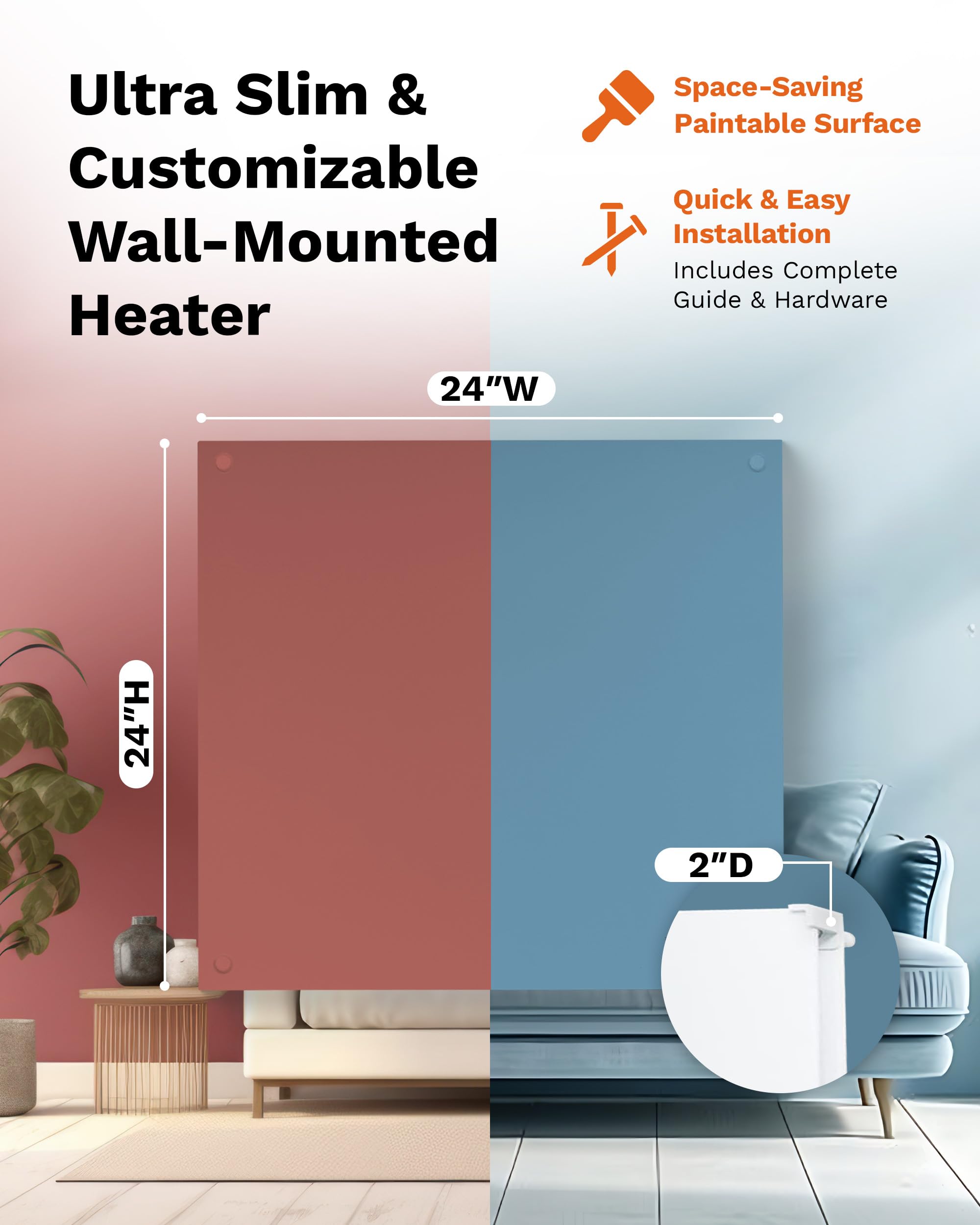 Amaze Heaters 400W Dual Energy Efficient Space Heater with Heat Guard & Wall Mount Kit - 24x24 Inch Paintable Silent Indoor Electric Heater for Rooms Up to 160 sq ft - Perfect for Bedroom, Bathroom, Garage & Office Use