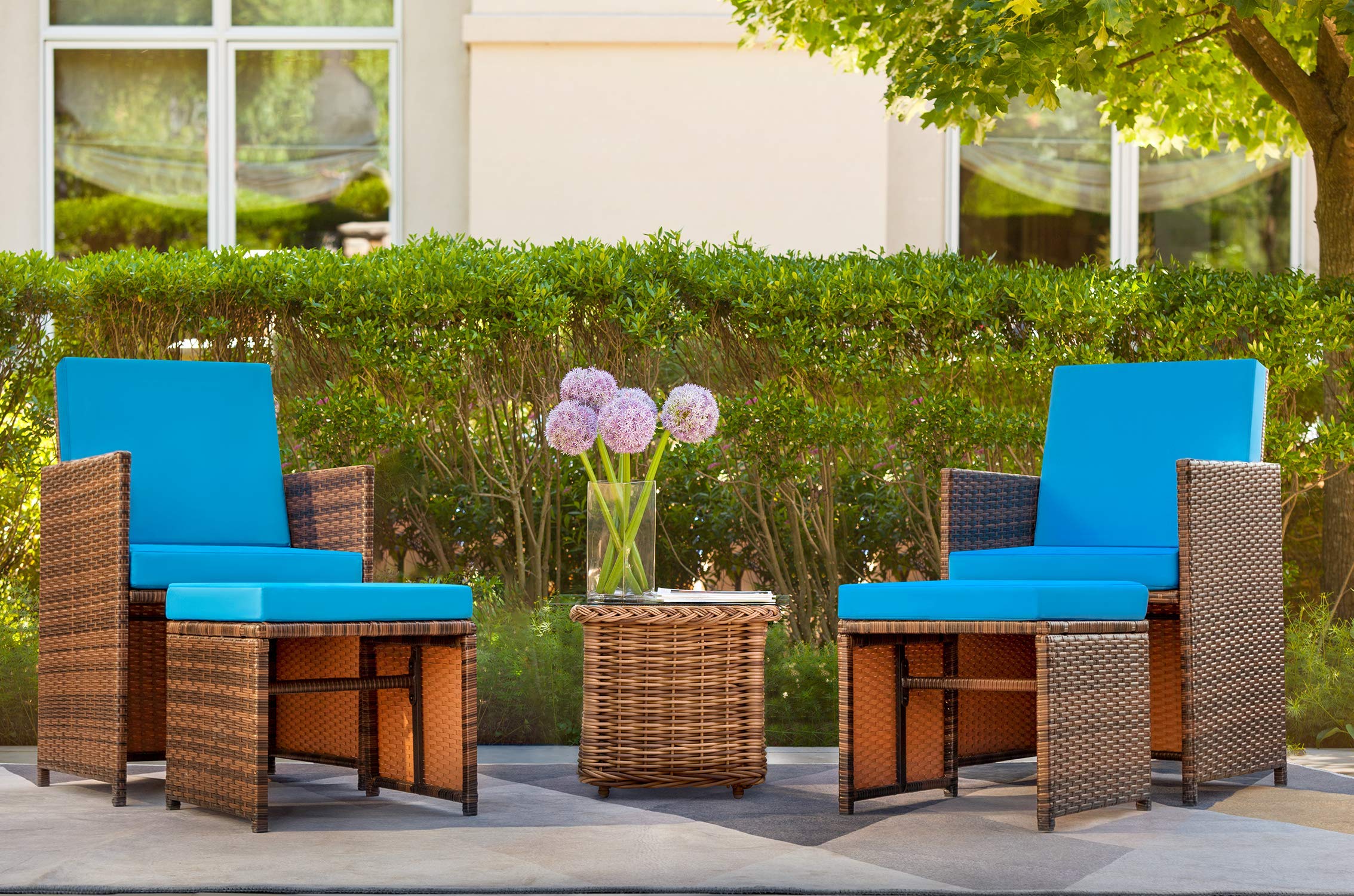 Devoko 4-Piece Outdoor Patio Furniture Set - All-Weather Wicker Chairs with Cushions & Ottomans for Balcony, Porch, Garden, Poolside (Blue) - Perfect for Relaxing, Entertaining & Lounging