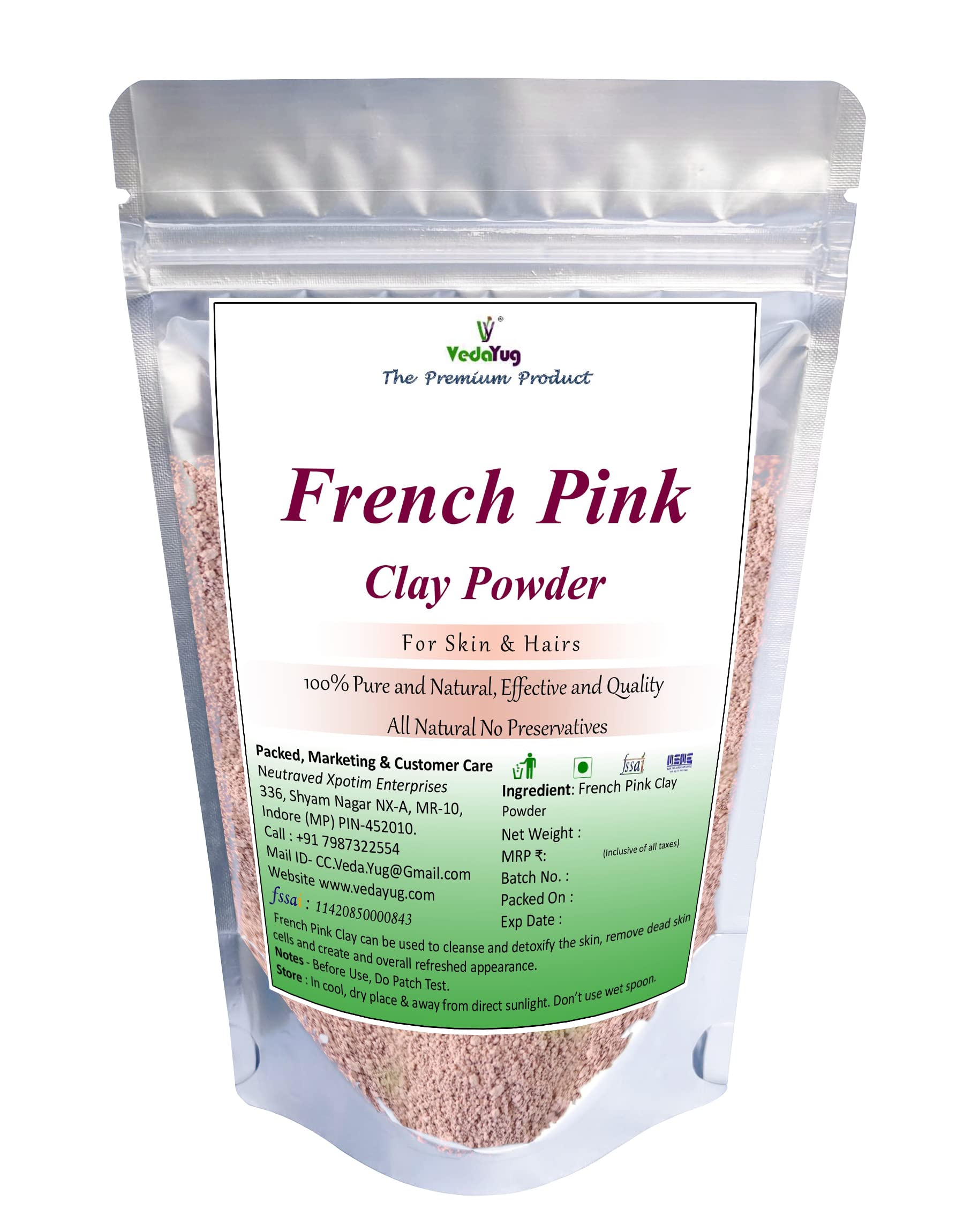 VY VedaYug 100% Natural French Pink Clay Powder (100g) | Montmorillonite Pink Clay & French Rose Clay for Face Masks | Deep Cleansing & Skin Detox | Perfect for Acne-Prone, Sensitive & Dry Skin Care Routine