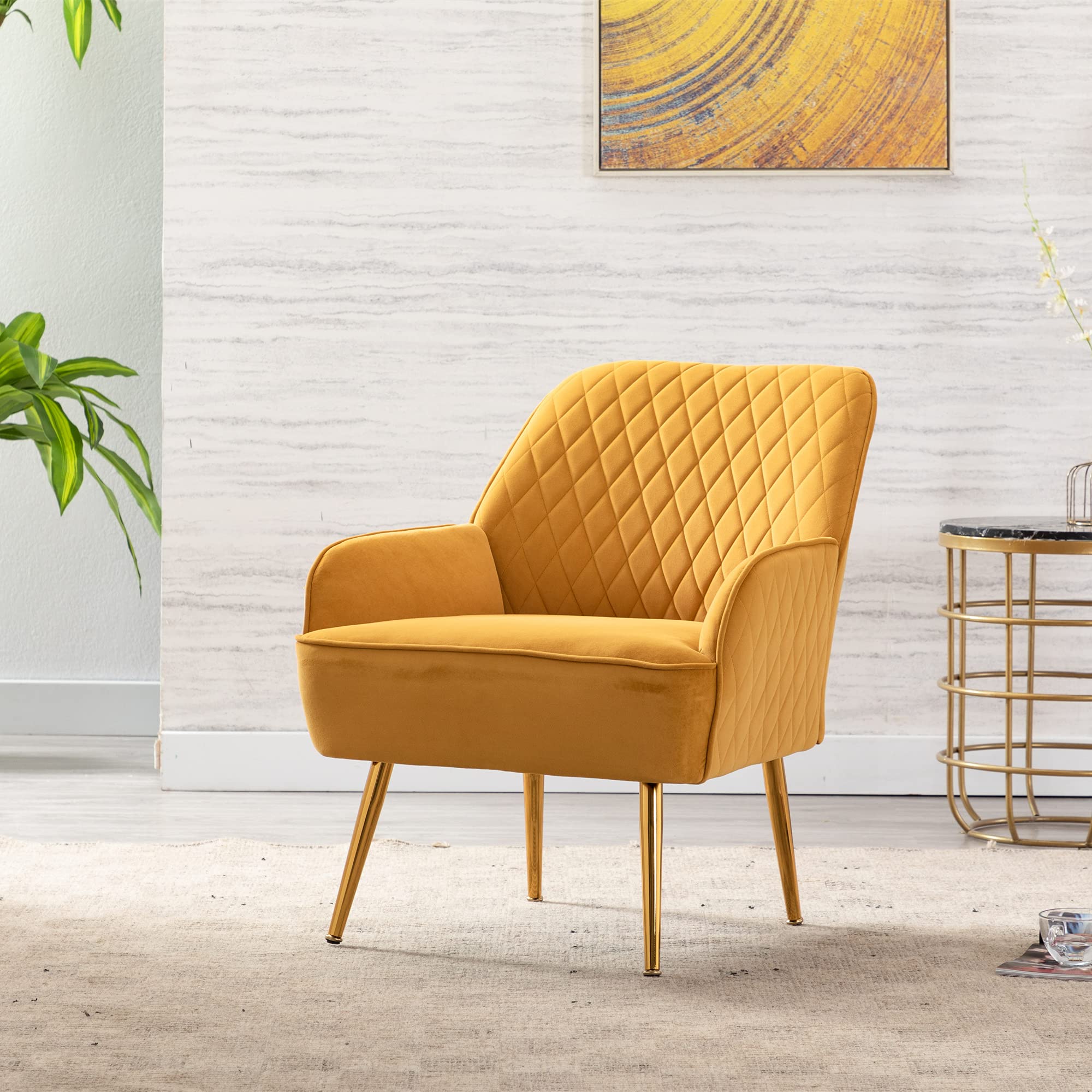Modern Velvet Accent Chair with Gold Metal Legs - Upholstered Armchair for Living Room, Dining Room, Bedroom, Lounge - Comfortable Club Leisure Guest Chair in Yellow - Perfect for Home Decor, Relaxing & Entertaining