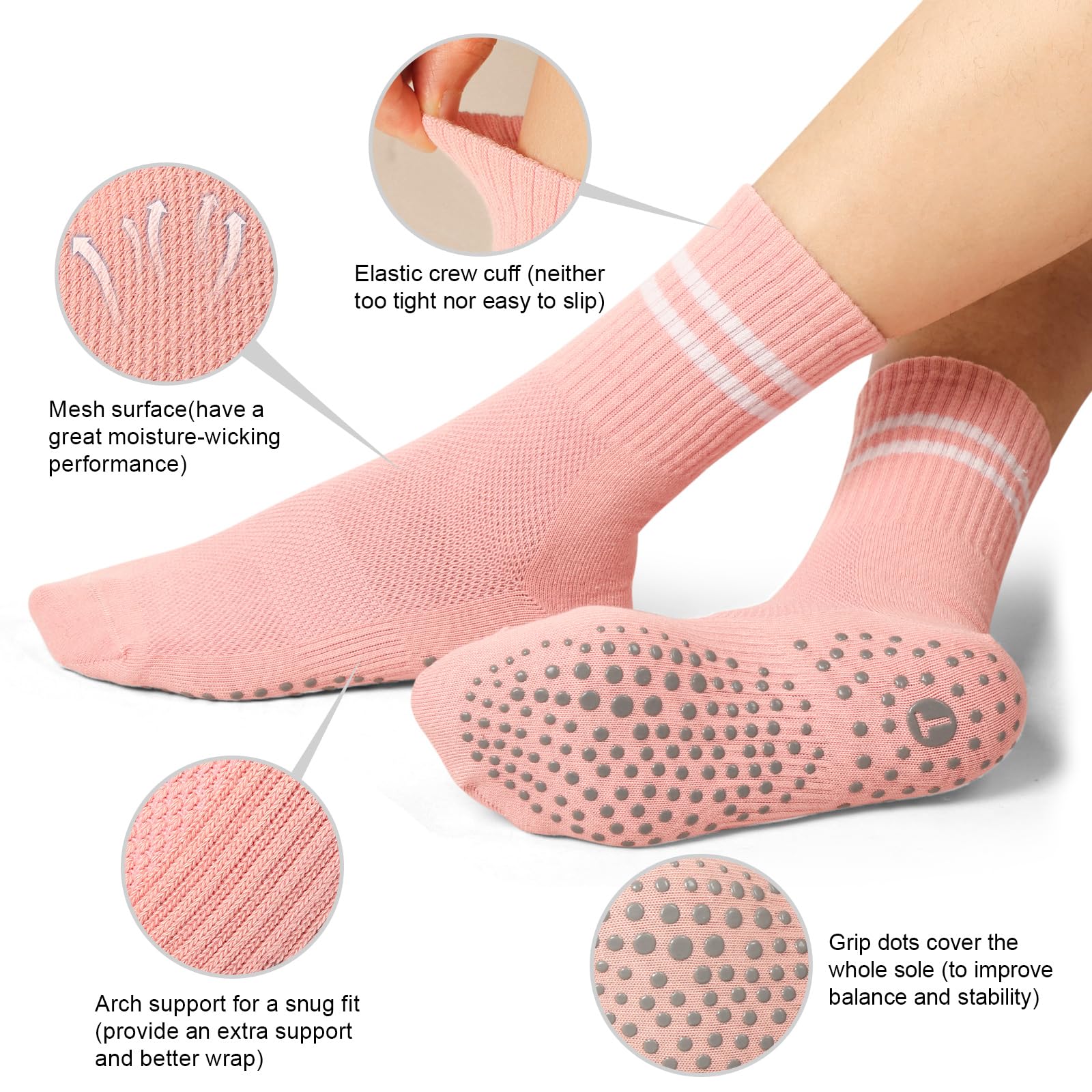 Non-Slip Pilates Socks for Women - 4 Pairs Yoga Crew Socks with Grip Dots for Barre, Hospital & Home Use - Sticky Slipper Socks for Workout & Recovery