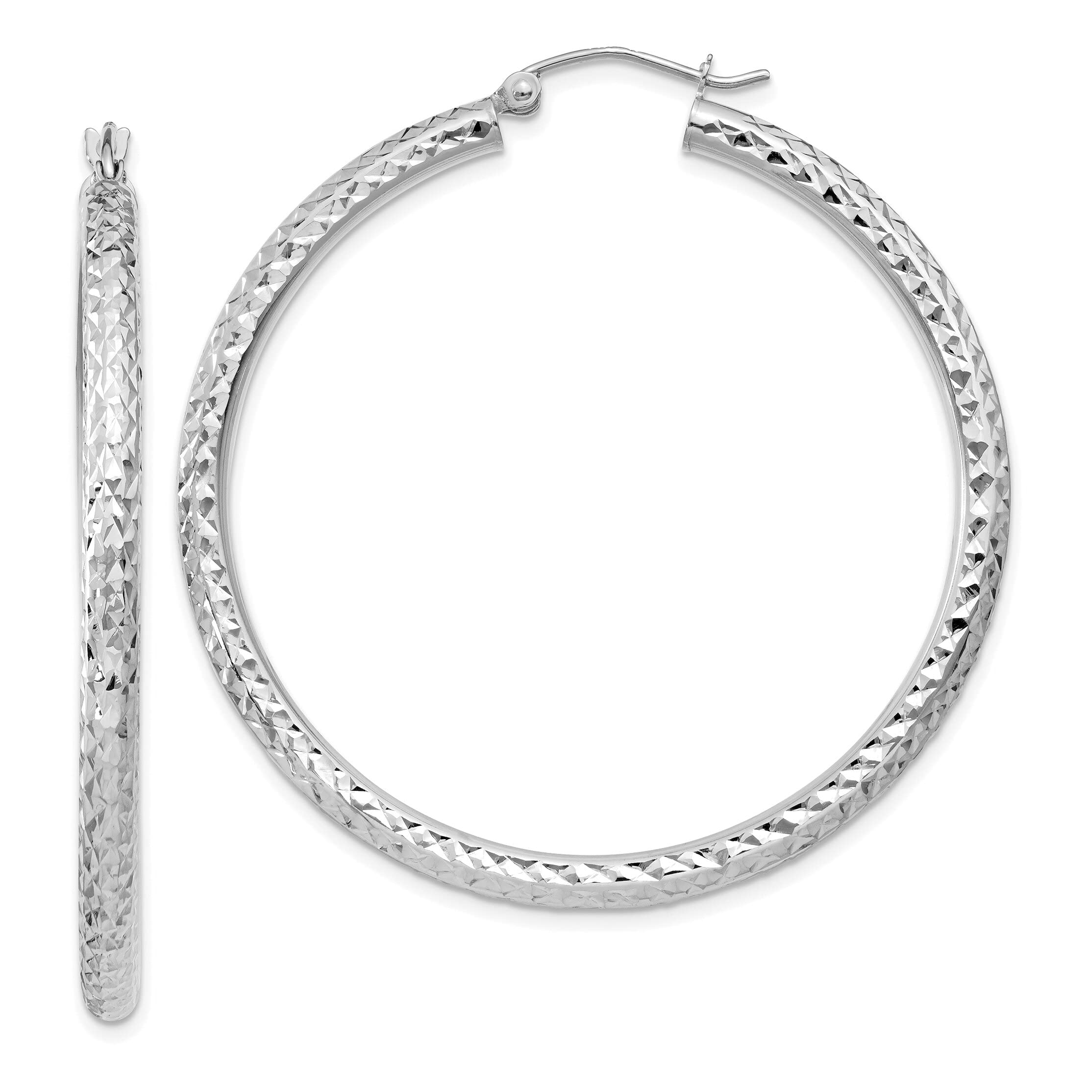 10K White Gold Diamond Cut Round Hoop Earrings - 40mm x 3mm Dainty Everyday Jewelry for Women, Perfect for Work, Date Night & Special Occasions
