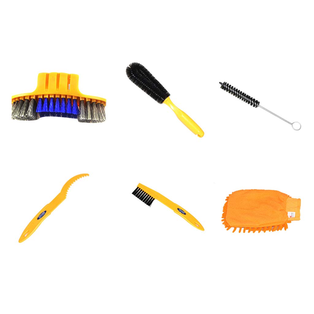 Zerlibeaful 6-Piece Bike Cleaning Kit - Bicycle Chain & Wheel Brush Set with Spring Floor Blocks - Durable Bike Accessories for Maintenance (Yellow & Black, One Size) - Perfect for Road, Mountain & Commuter Bikes