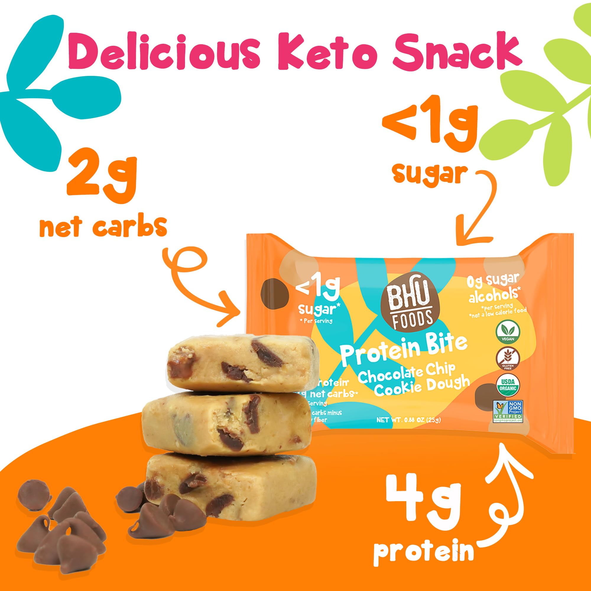 Keto Bites Chocolate Chip Cookie Dough - Organic Gluten-Free Vegan Snacks for Adults & Kids - Perfect for On-the-Go Keto Diet