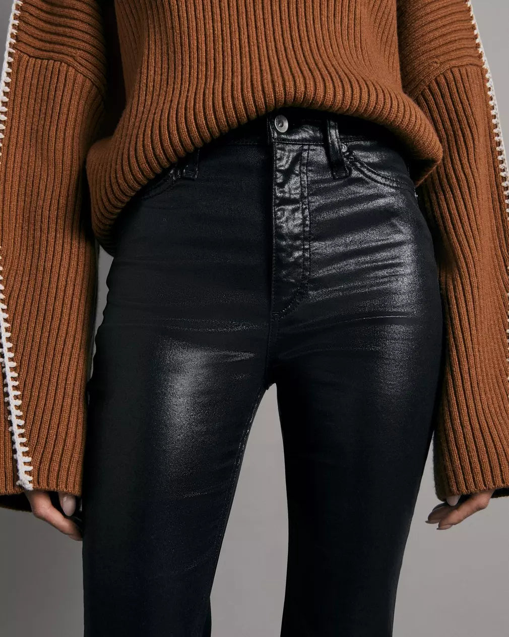 Casey Coated High Rise Ankle Flare Jeans - Black Faux Leather Pants for Women | Chic Office Wear & Night Out Outfits