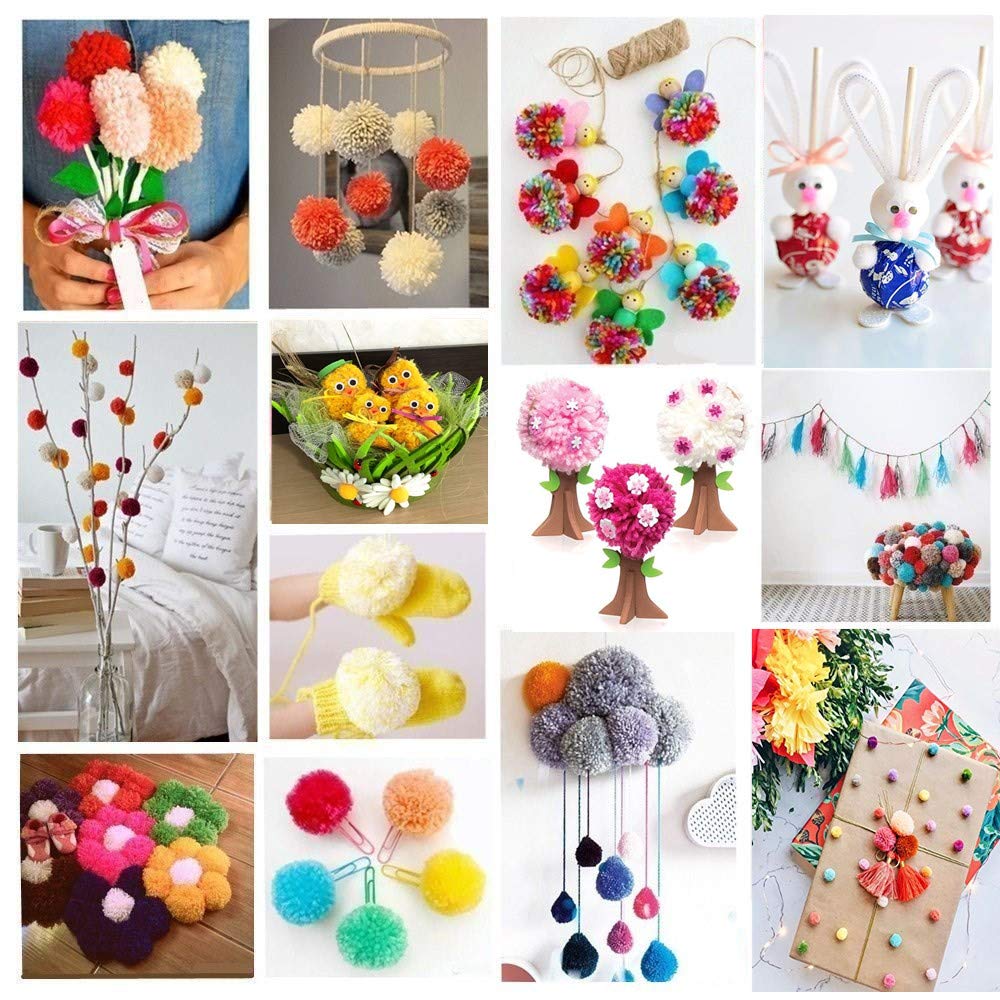 Pom Pom Maker Kit with 4 Pompom Makers, 12 Acrylic Yarn Skeins, 10 Knitting Stitch Markers, 10 Plastic Needles & Scissors - DIY Craft Supplies for Knitting, Crochet, Home Decor & Gift Making